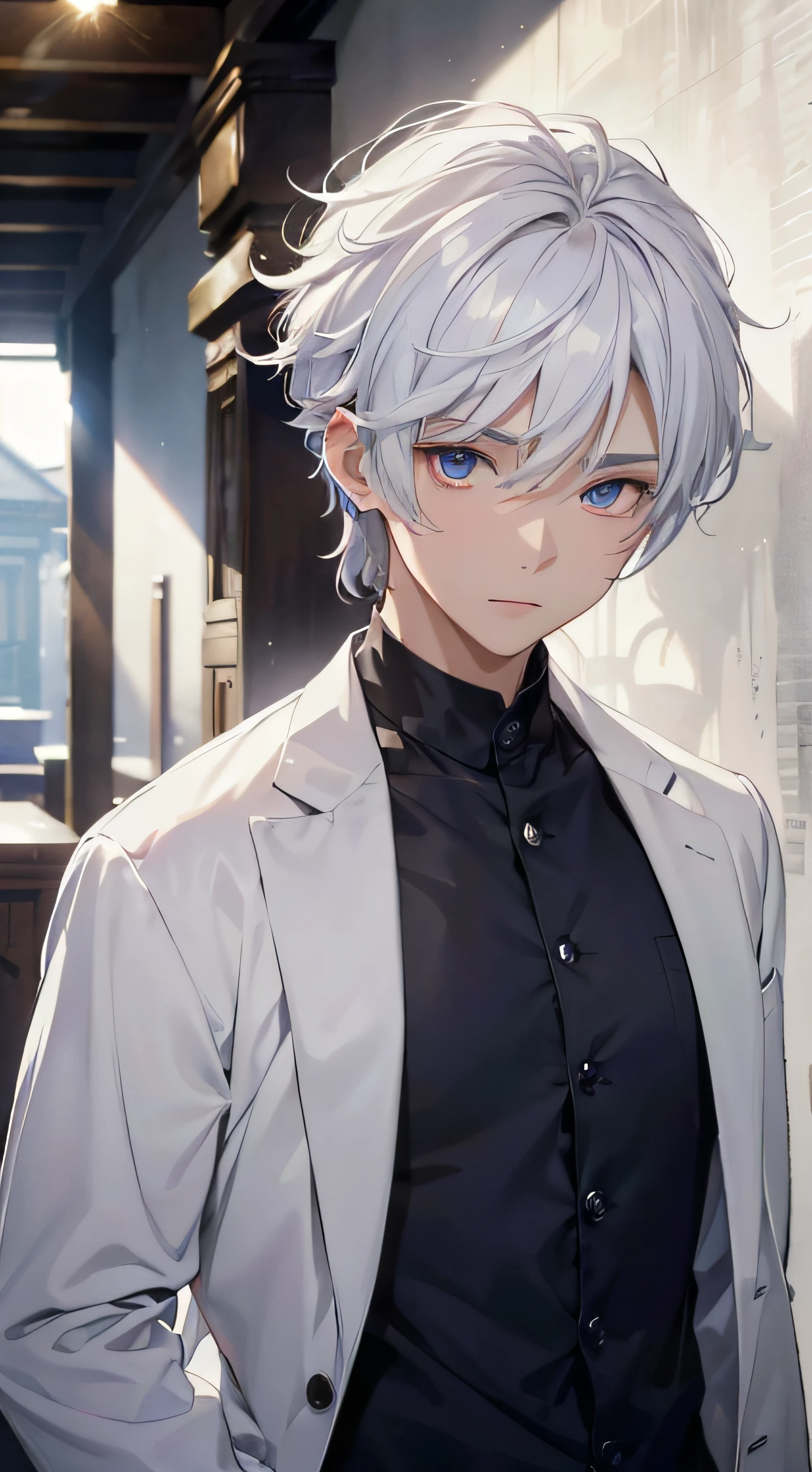 (absurderes、hight resolution、ultra-detailliert、HDR)、​masterpiece、top-quality、male child、独奏、a handsome、shorth hair、white  hair、finely eye and detailed face、Casual clothing、Real Shadows、joy、Connecting ears、