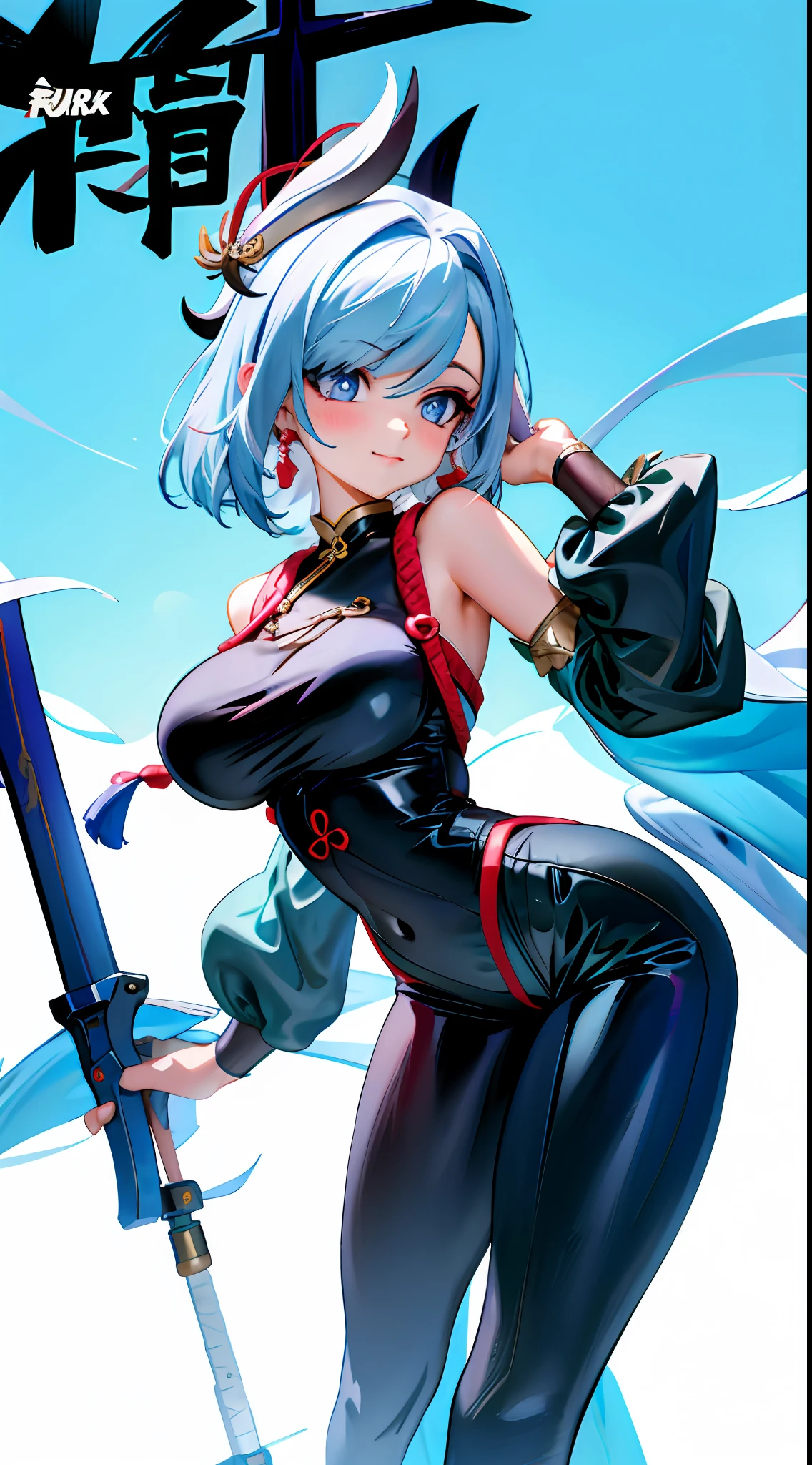 shenhe,busty figure，having fun，cute-style，take up close， Siamese stockings，cropped shoulders，The middle of the chest is open，Black silk jumpsuit，big assa，exposing her chest，Exposing the abdomen，Fleshy thighs，Comic cover style，Comic title, High- sharpness， high high quality， 详细的脸， detailed body render