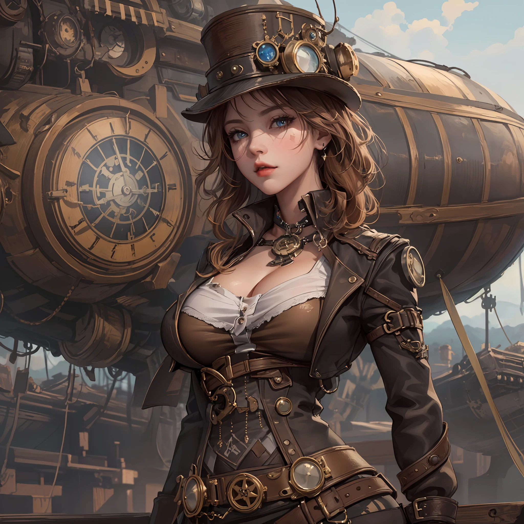 dynamic pose, random hair color, random eye color, tenebrism art style painting,oil on canvas,(((natural sagging breast, marked,very marked cameltoe,steampunk airship background landscape,full steampunk clothes intricade detail))), WLOP, sakimichan , stanley artgem lau,, hyperrealistic,trending on Artstation, Unreal Engine 5, 8k,concept art, insanely detailed, symmetrical, octane render, artistic, cinematic, ultra sharp focus, highly detailed, vibrant soul, perfection