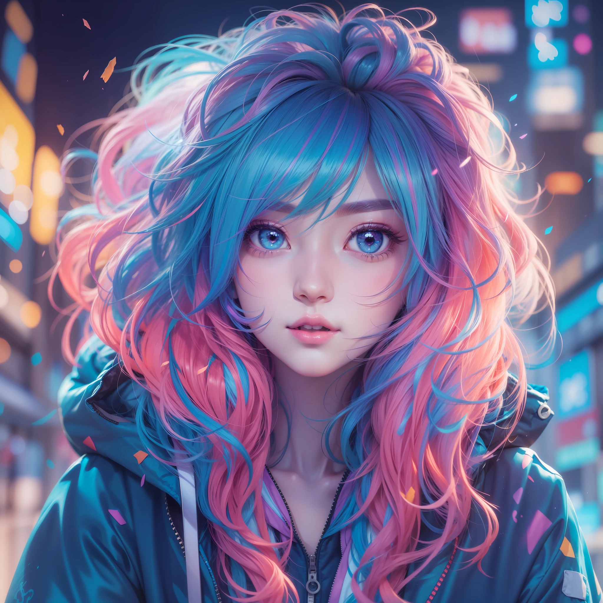 a girl with a bright hair and a blue jacket looks at the camera, inspired by Yuumei, digital anime art, colorful digital painting, rossdraws cartoon vibrant, anime style 4 k, alice x. zhang, by Yuumei, digital anime illustration, beautiful anime portrait, vibrant digital painting, detailed digital anime art, anime digital art