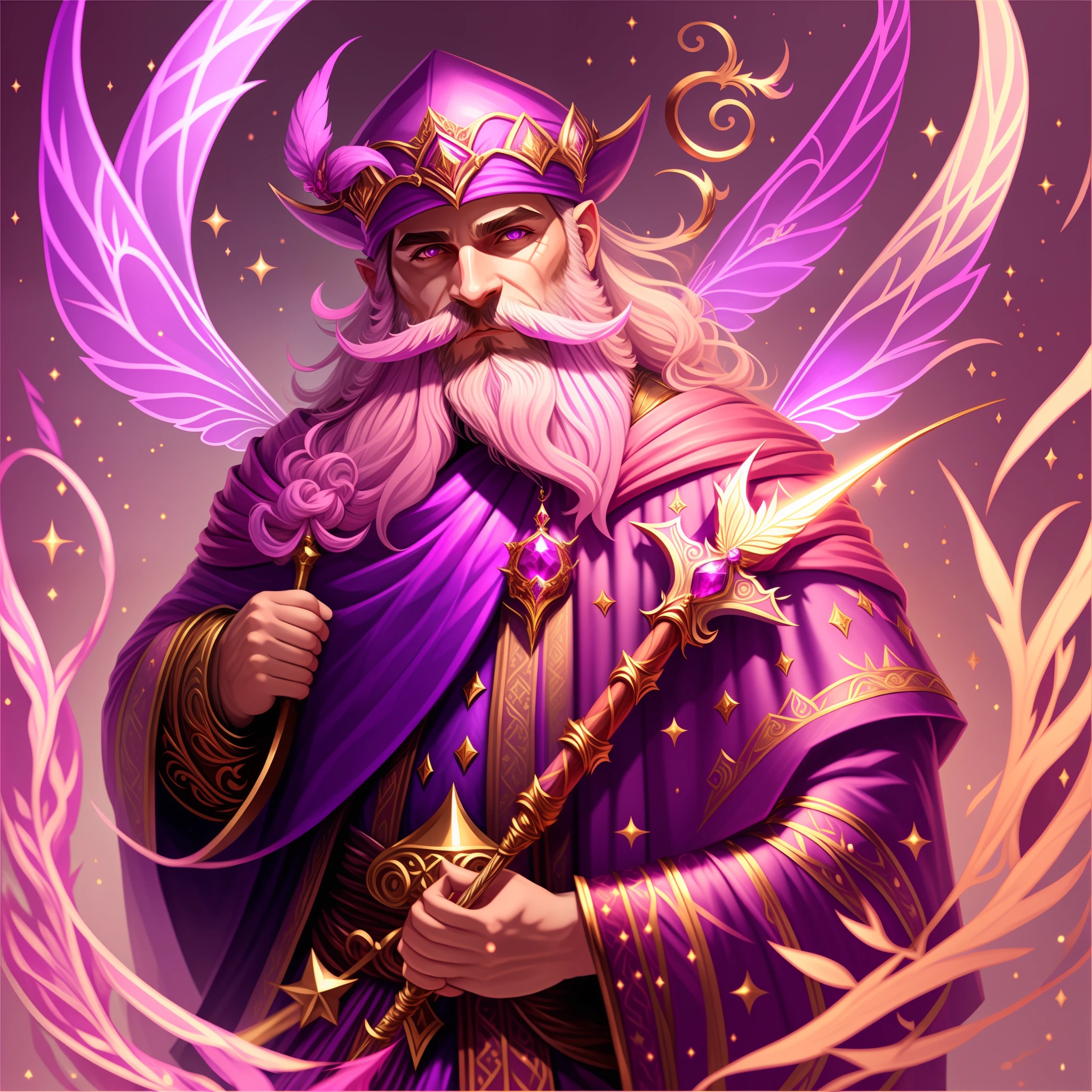 Fairy, male, pink-purple wizard cloak, gold wand with ruby, wizard beard, magic flying all around, masterpiece, best quality