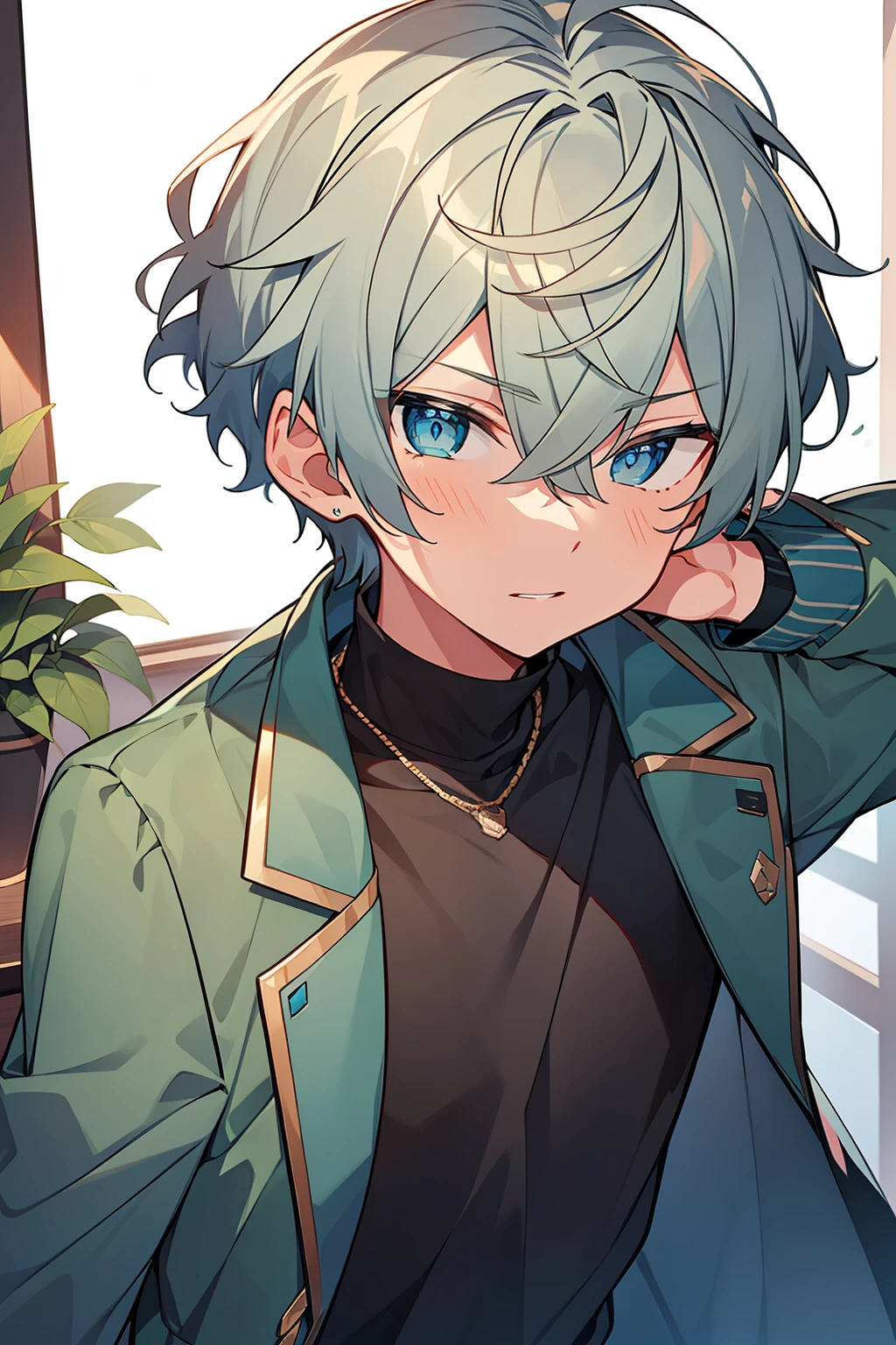 (high-quality, breathtaking),(expressive eyes, perfect face), 1boy, male, solo, short, young boy, short grey hair, blue eyes, black sweater, green jacket