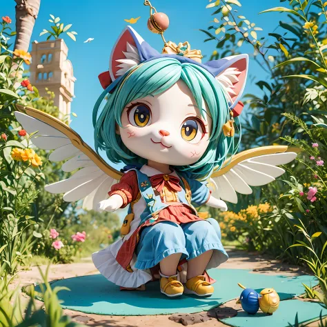 Vibrant colors,A cute puppet cat with wings on its back flies in the sky，One tail，eine Katze，four legged