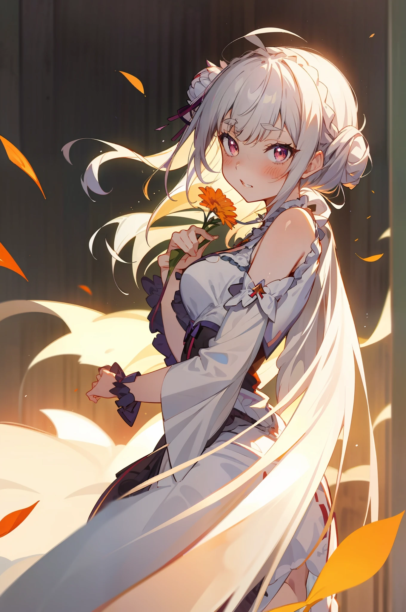 animemanga girl，Long white hair，Holding a flower in hand, Anime art wallpaper 8 K, loli in dress, White-haired god, Guweiz in Pixiv ArtStation, Anime art wallpaper 4 K, style of anime4 K, Anime art wallpaper 4k, Guweiz on ArtStation Pixiv, Splash art anime Loli