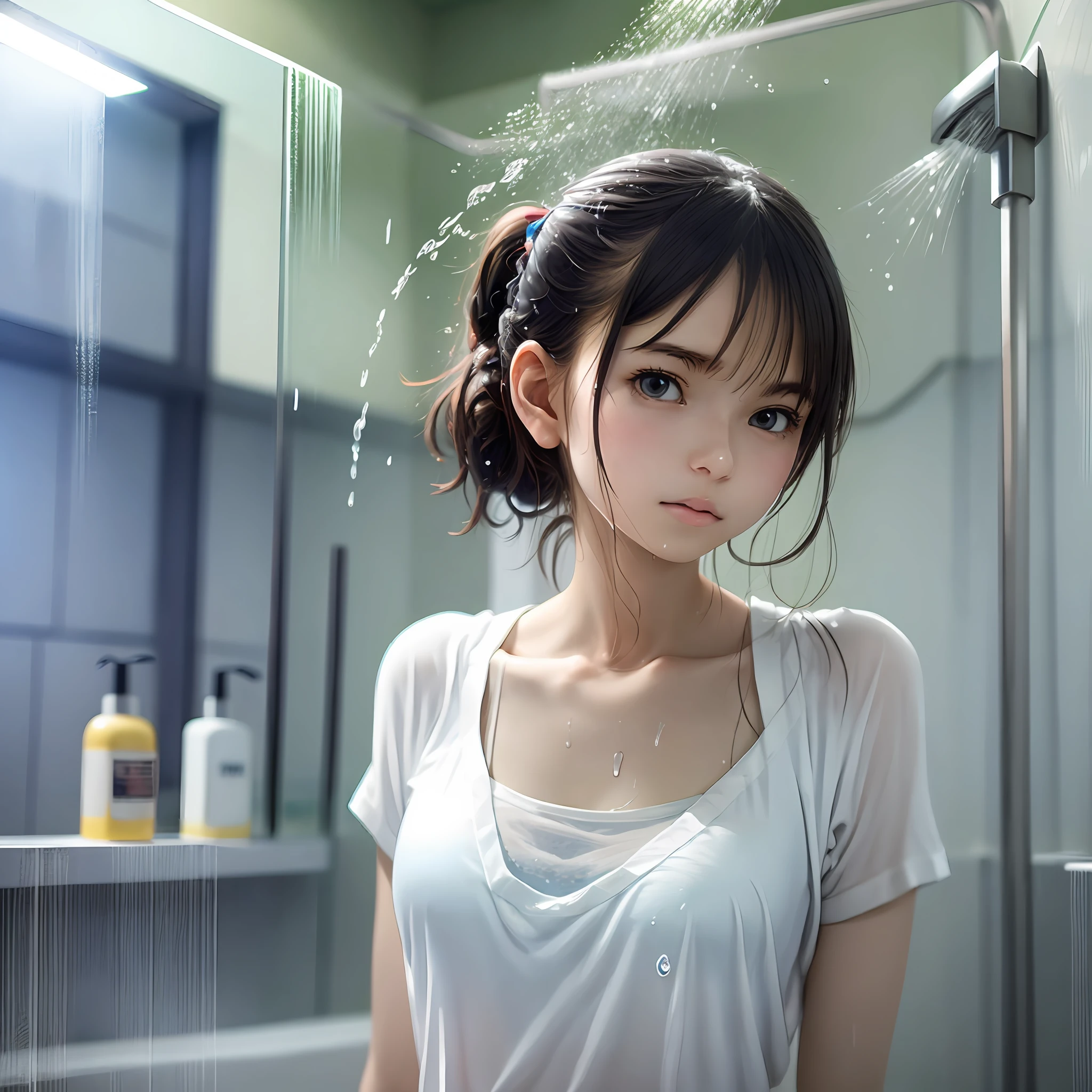 There is a woman standing in a bathroom with a shower head - SeaArt AI