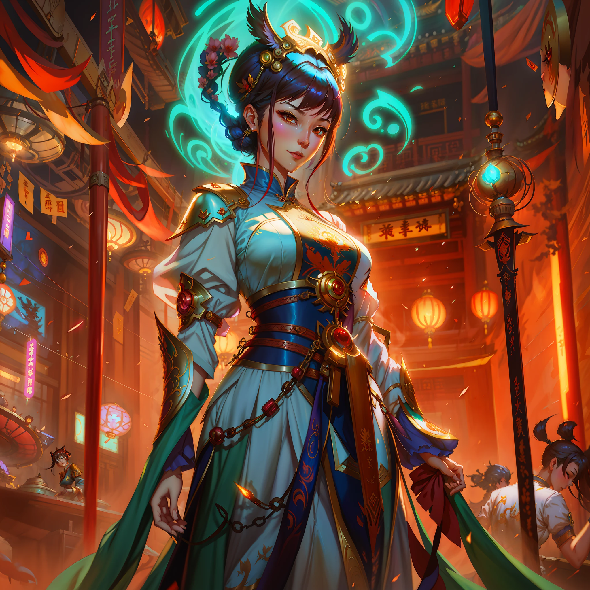 anime - ilustración de estilo de una mujer con un vestido chino en un templo, alice x. zhang, artgerm julie campana escarabajo, mohrbacher, Por Jeremy Chong, cushart krenz arte clave femenino, arte del juego de cartas de fantasía, peter mohrbacher c 2 0, estilo artístico de peter mohrbacher, Ross dibuja la iluminación global