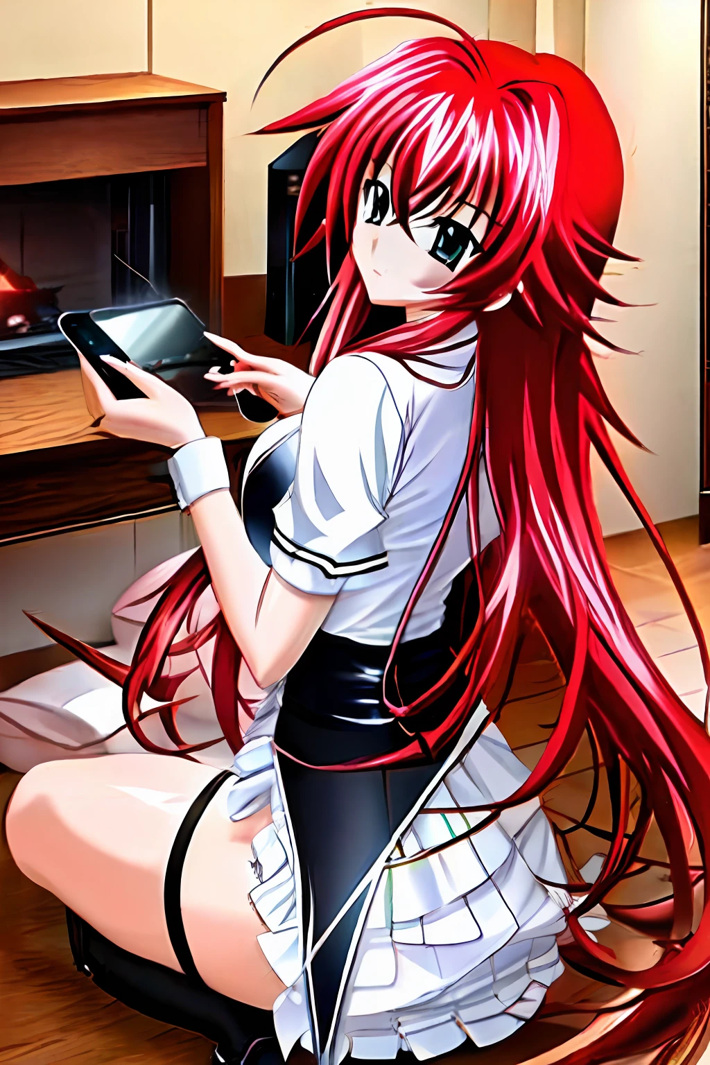 Anime girl with long red hair sitting on the floor using a cell phone -  SeaArt AI