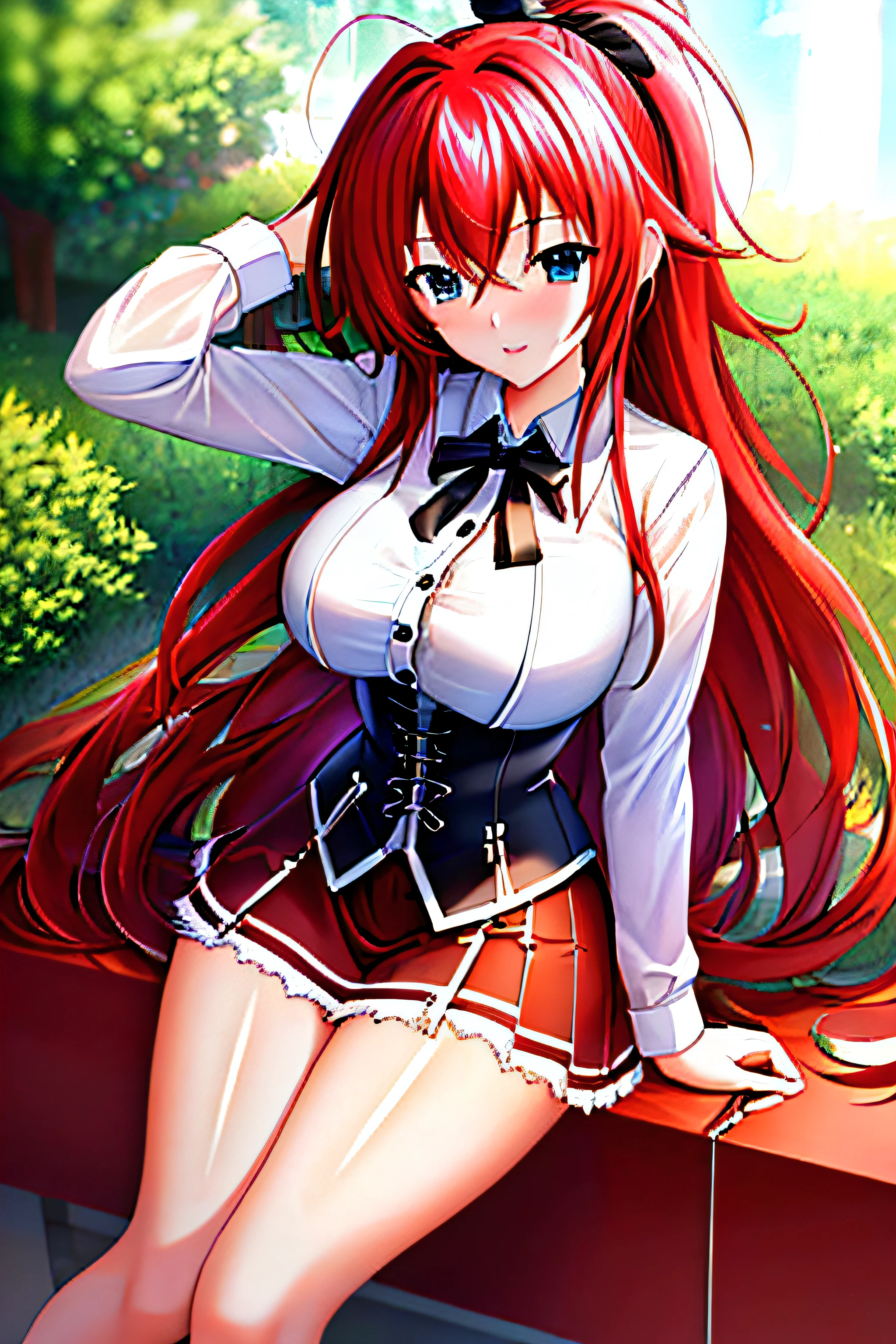 masterpiece, highly detailed CG unified 8K wallpapers, (HQ skin:1.2),8k uhd, dslr, high quality, ((a woman in a red short skirt, button-down shirt with vertical linings, a black ribbon on the collar, button-down corset)), standing, outdoors, red hair, very long hair, blue eyes, beautiful and detailed eyes, beautiful skin, attractive, ultra-high resolution, high-definition, rias