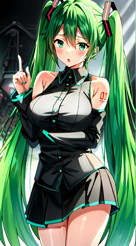 big breasts hatsune miku，electronic singer，green green hair，bare shoulders​，a black skirt，black sleeve，separate the sleeves，(whi...