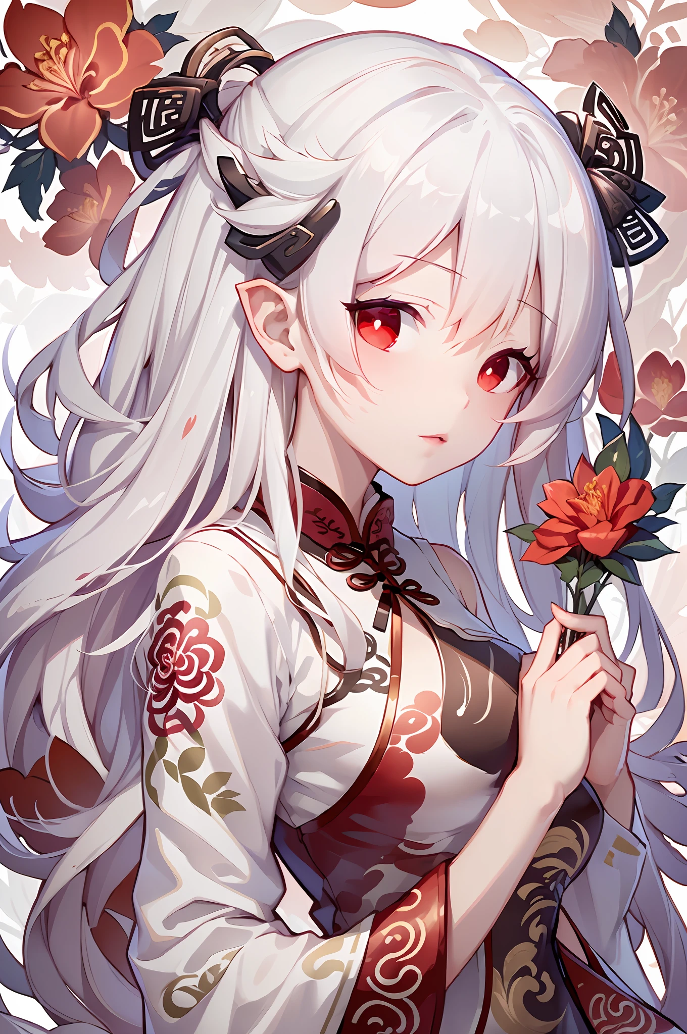 Stunning masterpiece, best image quality, super detailed, full of floating, high definition, a girl in cheongsam, beautiful figure, white hair, red eyes (1.2), dynamic posture, white and red flowers, cloudy and misty, watercolor effect, perfectly depicted.