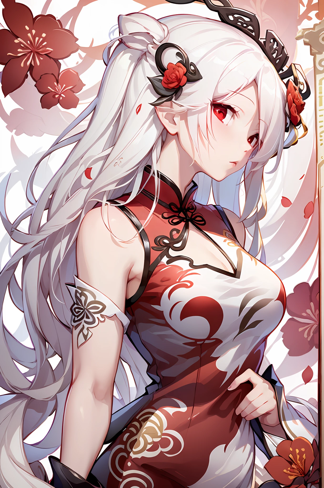 Stunning masterpiece, best image quality, super detailed, full of floating, high definition, a girl in cheongsam, beautiful figure, white hair, red eyes (1.2), dynamic posture, white and red flowers, cloudy and misty, watercolor effect, perfectly depicted.