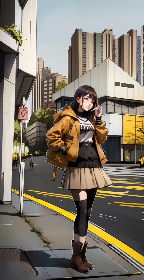 There was a woman standing on a street corner on the phone, wearing jacket and skirt, ulzzangs, lofi-girl, lofi girl aesthetic, ...