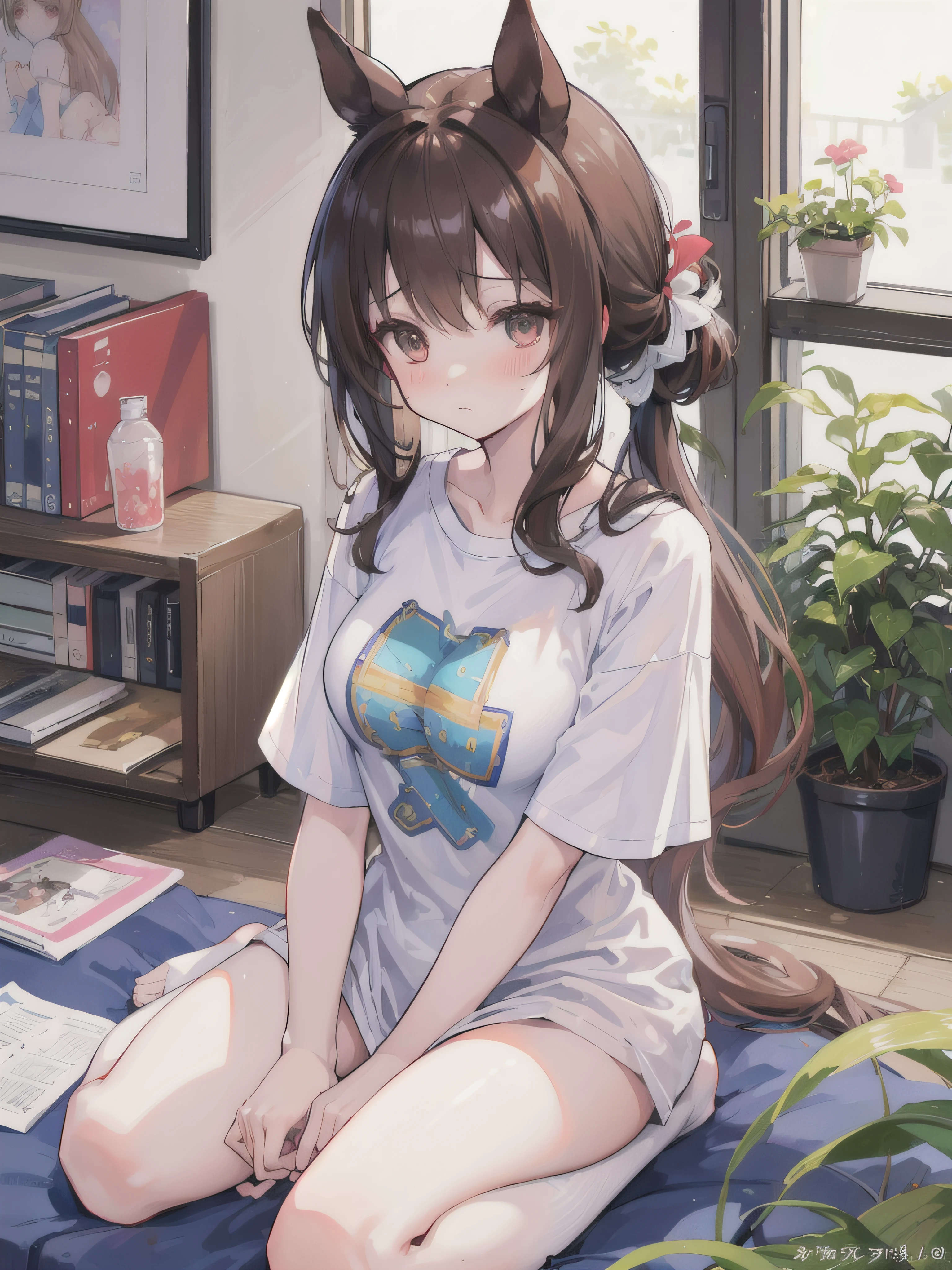 ​masterpiece、top-quality、ultra-detailliert、illustratio、女の子 1 人、tshirts、Textured、detaileds、a beauty、Beautiful breasts、Brown hair、(Horse ears on the head)、Low ponytail、red blush、feel shy、Uma Musume（Admire Vega）、white t-shirts、Landless、Sheer bra、Big T-shirt、flipping up shirts、Lower breast、Seiza、sitting on、Not wearing panties、North Cart