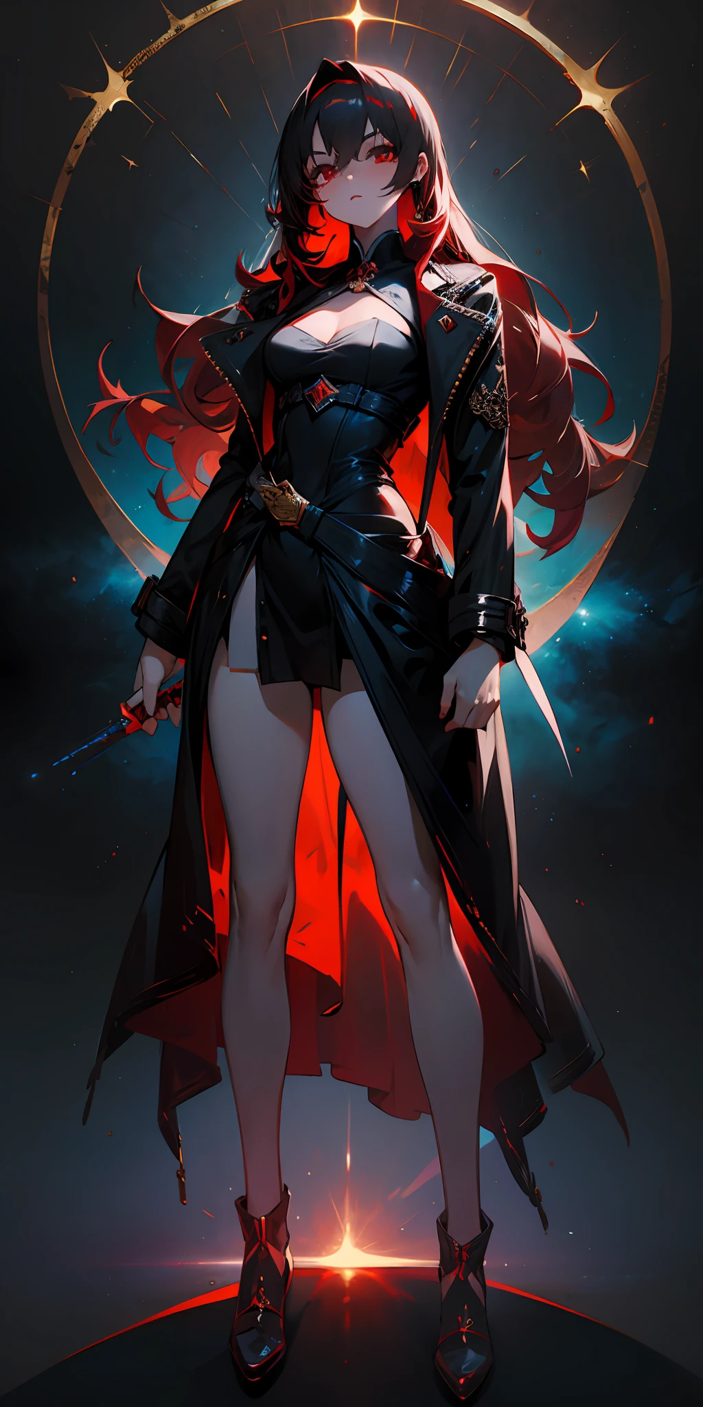 1girll, red pupils，Red long-haired，crisp breasts，Convex buttocks，Bare legged，Black heels，White bandeau dress，Decorated with a gold pattern，He wears a black trench coat，He held a red laser sword in his hand，starrysky，cosmos，Detailed background，Clothing details，perfectly proportioned, Cinematic lighting, filmgrain, Fuji colors, lightand shade contrast, 8k, Masterpiece, Textured skin, Super detail, high detal, high qulity, A high resolution,