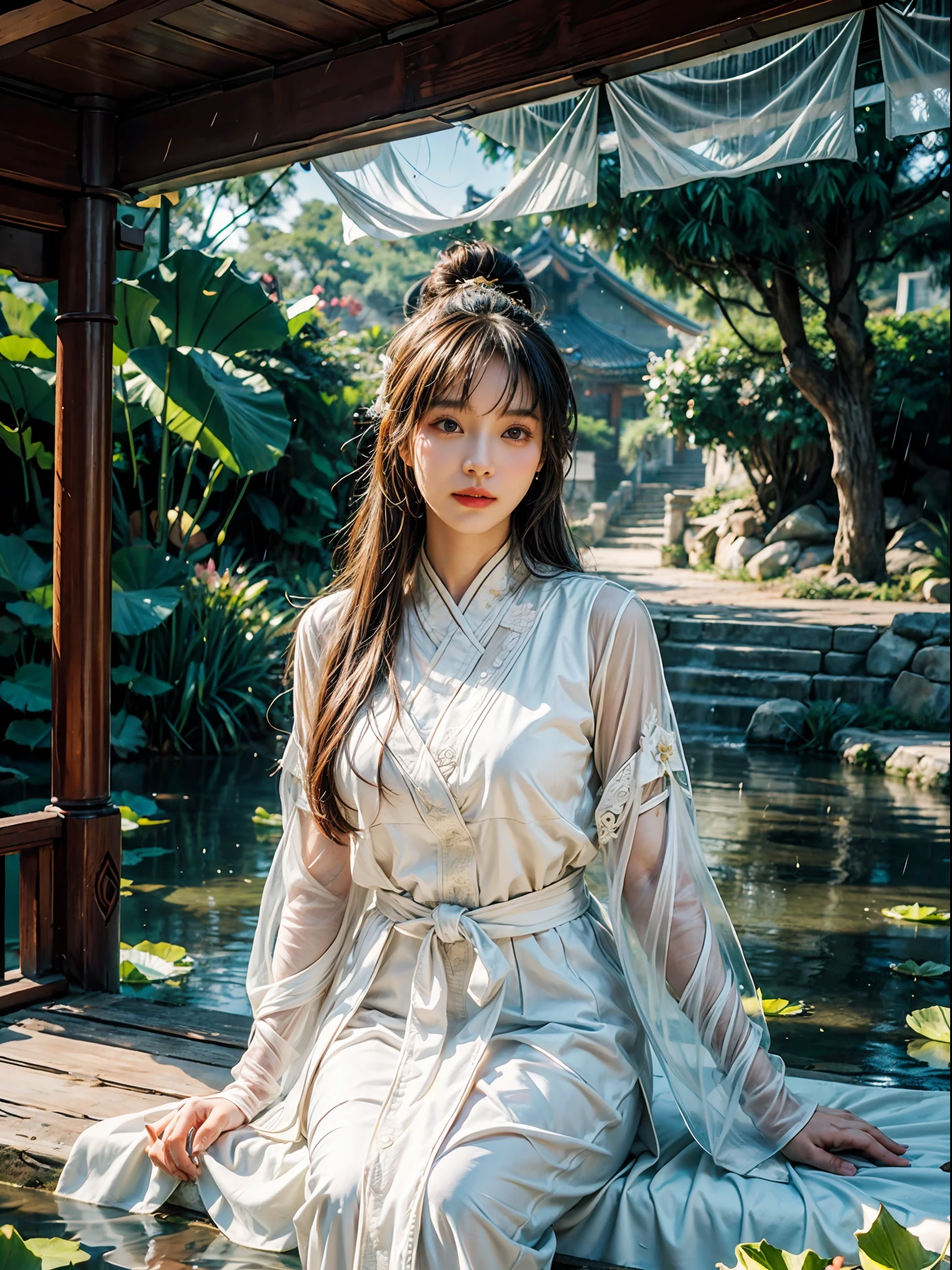 realistic, big vista, wide angle lens, intricate details, super detailed, natural skin texture, 1 girl, hair bundle, bun, beautiful Chinese woman in white hanfu robe cloak, fairy, white mist, golden light, white mist, outdoors, in Hangzhou West Lake, in ancient Chinese pavilion, (colorful, vivid, sunny, cool light: 1.2) lotus leaves in pond, delicate facial details, dynamic poses, exquisite details, wide view, epic details, global illumination - ar 3:2 - Q 5 - V 5.1 - Style RAW-S 750, style influenced by ancient Chinese art, complex, high detail, sharp focus, dramatic, photorealistic painting art, lotus leaf, spring rain, bright, light, atmospheric, bright tones of spring, super detail, 16k, best quality, soft light, space, crystal clear, natural light, surreal photography,