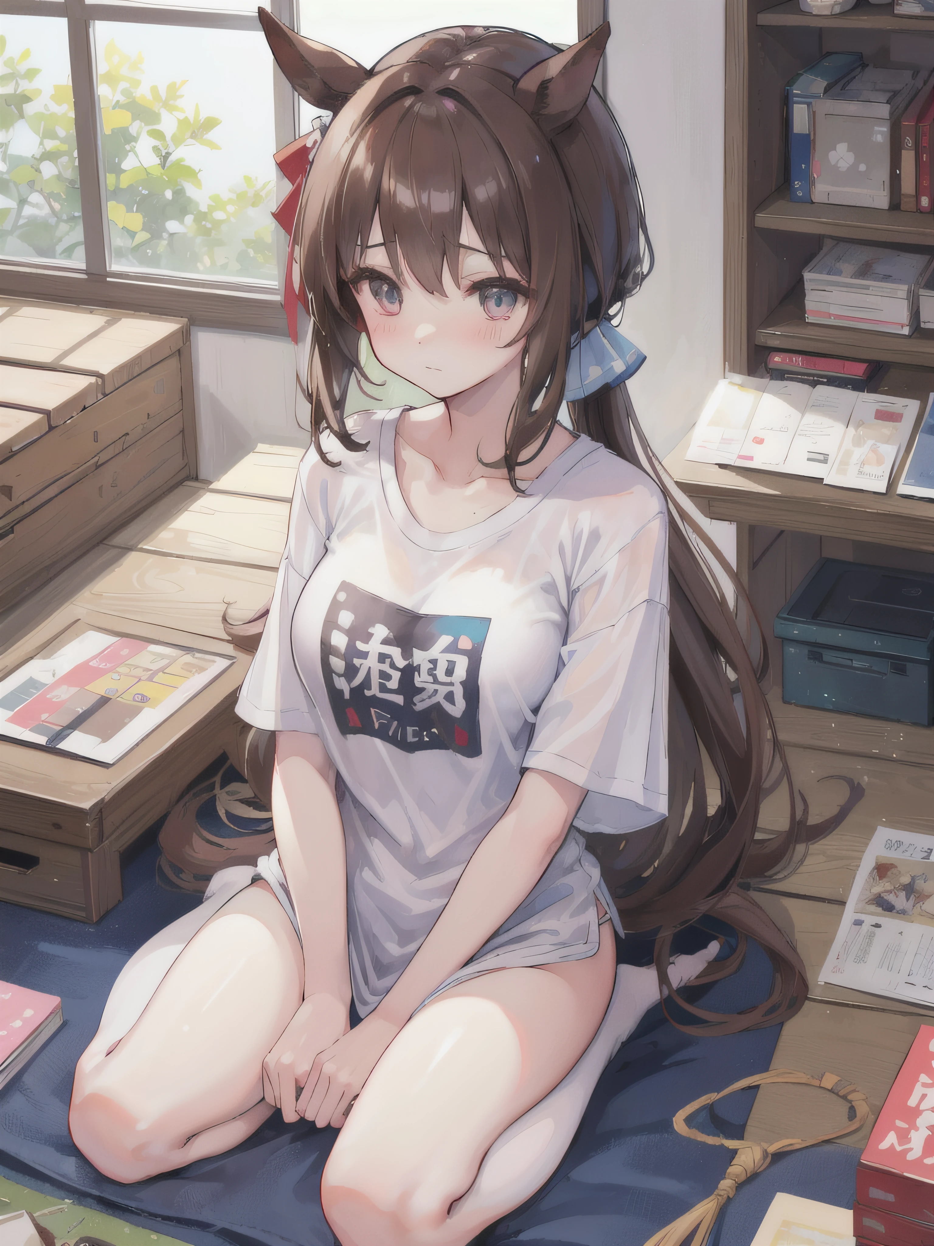 ​masterpiece、top-quality、ultra-detailliert、illustratio、女の子 1 人、tshirts、Textured、detaileds、a beauty、Beautiful breasts、Brown hair、(Horse ears on the head)、Low ponytail、red blush、feel shy、Uma Musume（Admire Vega）、white t-shirts、Landless、Sheer bra、Big T-shirt、flipping up shirts、Lower breast、Seiza、sitting on、Not wearing panties、North Cart