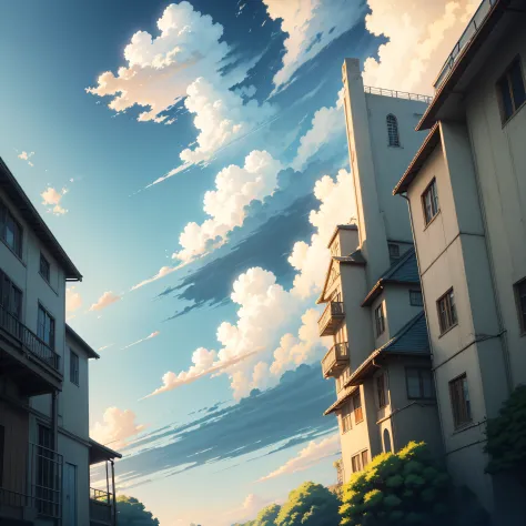 animesque、Skyscape with clouds、Landscape without buildings、You can see the touch of the brush、Studio Ghibli、Ghibli、a sultry、the ground is wet、Scenery、Style、Golden Time、sky line、evening --auto