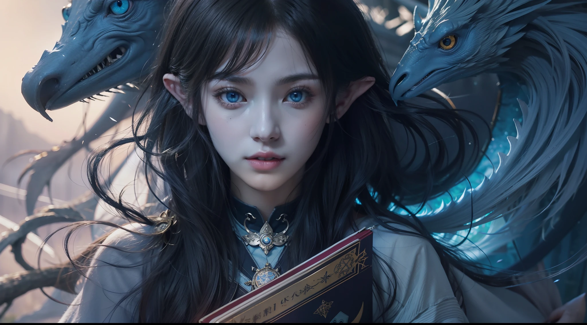 Magic Book,Blood,Night, Dark, (Fantasy),infinite,deep blue sky,The abyss of knowledge,Cowledge,((masutepiece)), (((Best Quality))),((Beautiful fine eyes)),(Eye lashes)、Beautiful girl riding blue dragon、(女の子1人)、Perfect human body structure、Black hair、The long-haired、abyss eyes、glowy skin、oils、small tits、(Bird body、pluma)、Wizard robes、tattered cloth、Realistic coat、Teenchi、elvish、Super delicate CG Unity 32k wallpaper、​masterpiece, ((ultra-detailliert)), ((illustratio)),colourfull,wall-paper,The energy,Unknown terror,Incomprehensible,Around the magic,Magical surroundings,magic wands,Boken,Flying pages,Know everything,Predict the future、Get to know the past、Infinite wisdom、blue flames、Warlock、magic circles、Pentagram、Spells、mantra、Singing magic