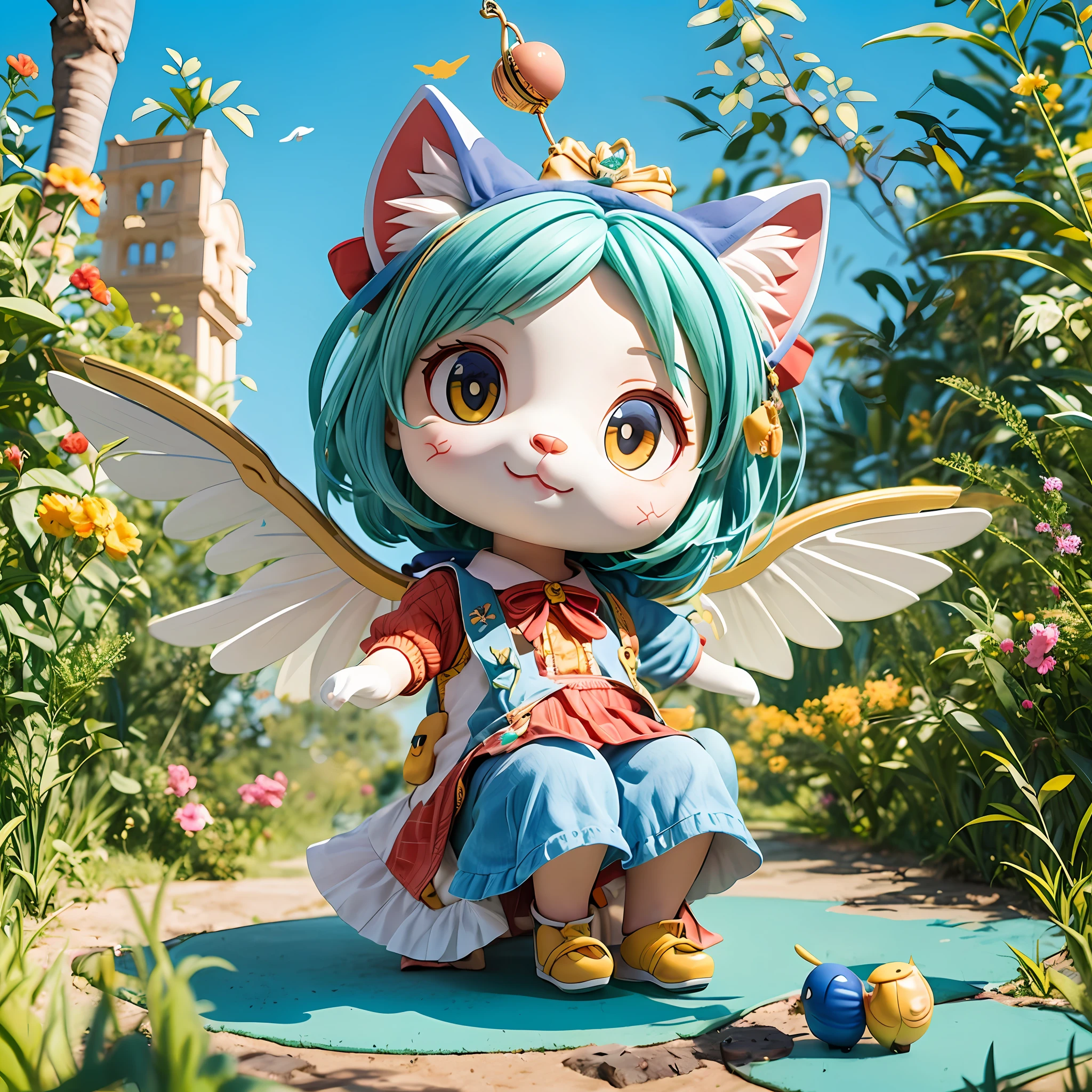 Vibrant colors,A cute puppet cat with wings on its back flies in the sky，One tail，eine Katze，four legged