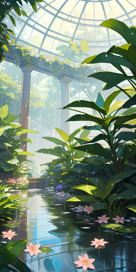(top quality, masterpiece, ultra-realistic), rainy day, raining, wet ground, puddle, indoor botanical garden, dome, lots of flowers, dense mass plants, the background landscape is a garden with petals and puffs flying around. --v6