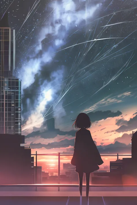 anime,silhouette,1girl, star (sky), cloud, cityscape, building, city, outdoors, skyscraper, city lights, night, night sky, sunse...