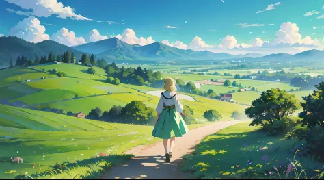 anime scene of a woman walking down a path in a green field, anime countryside landscape, anime background art, anime scenery concept art, anime landscape, beautiful anime scenery, anime scenery, anime landscape wallpaper, background art, distant village b...