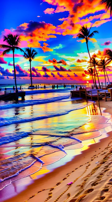 an absolutely mesmerizing sunset on the beach, with a mix of orange, pink, and yellow in the sky. the water is crystal clear, ge...