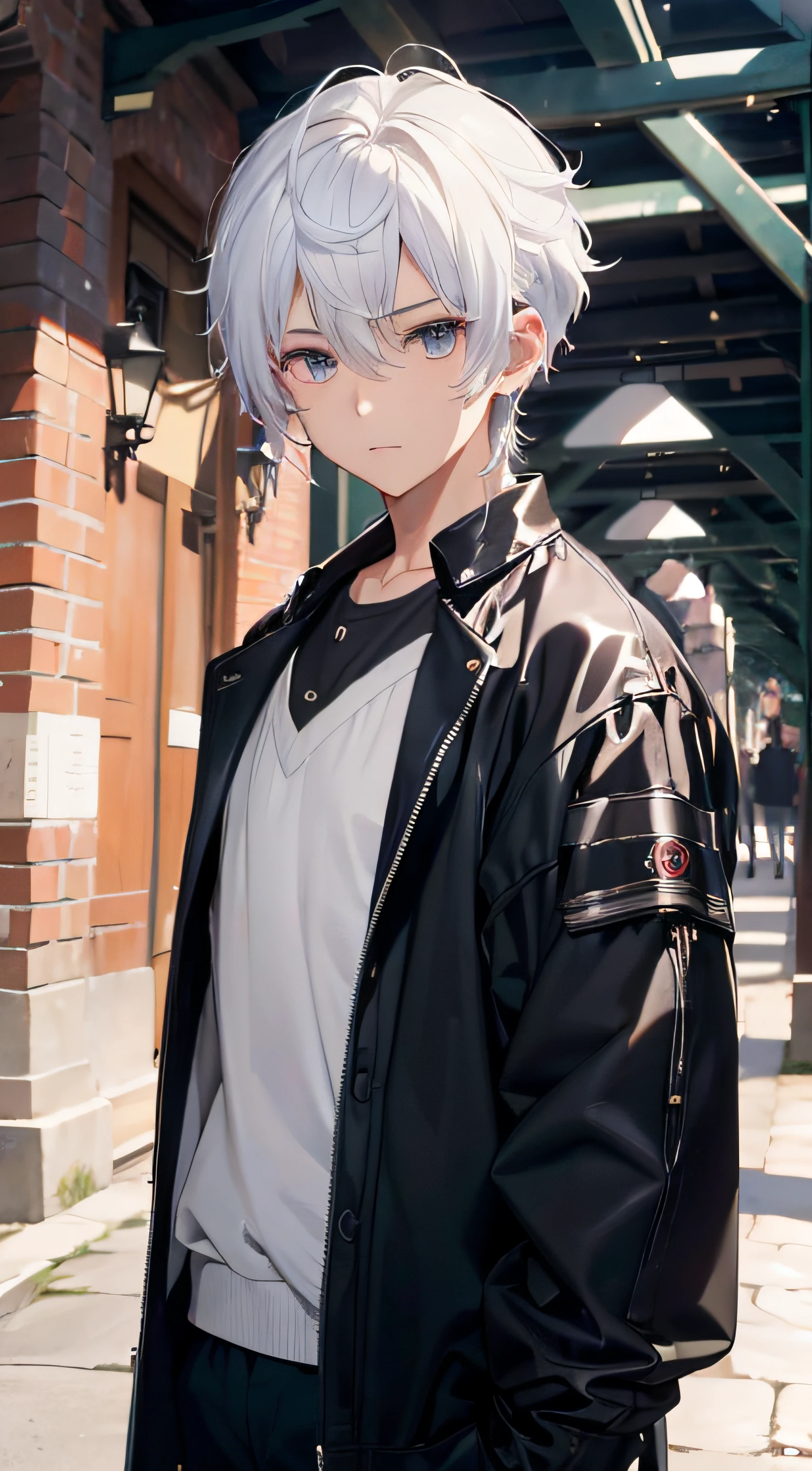 (absurderes、hight resolution、ultra-detailliert、nffsw)、​masterpiece、top-quality、Male child、独奏、a handsome、shorth hair、white  hair、finely eye and detailed face、Casual clothing、Real Shadows、Joy、Connecting ears、The upper part of the body