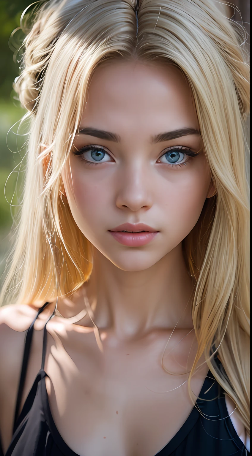masterpiece, Full body shot, high quality, a girl with a beautiful European face, Amazing detailed eyes, blue eyes, big ones, realistic eyes, well detailed pupil, royal eye, pale transparent skin, White skin, clean skin, WITHOUT IMPERFECTIONS, just a few small freckles, incredible detailed face, blonde girl, blush, blushing, Enchanting, Beautiful, masterpiece, Looks like a beautiful blonde doll, is an angel, radiosity, Enchanting detallada, innocent face, naive face,