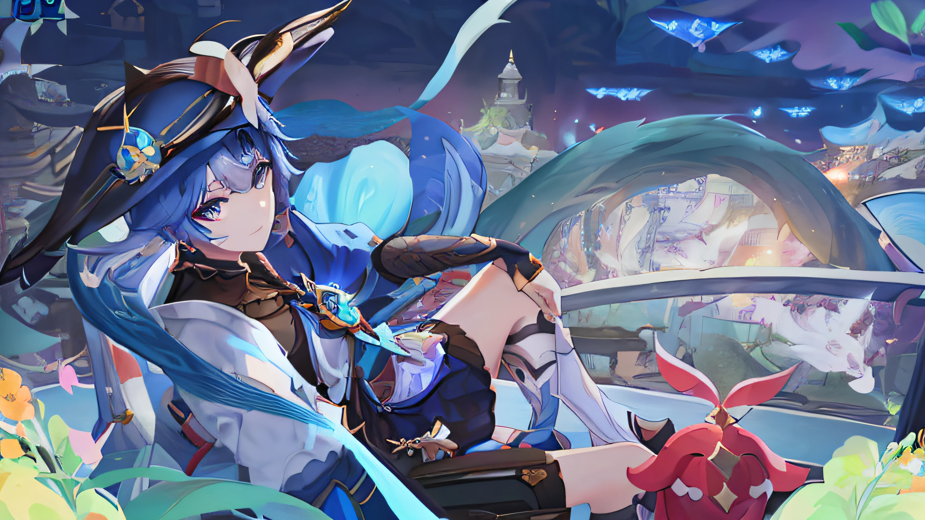 Anime girl sitting in chair with hat, Onmyoji detailed art, Ayaka Genshin impact, Genshin impact's character, ayaka game genshin impact, Genshin Impact style, shadowverse style, Genshin, video game genshin impact, granblue fantasy, Keqing from Genshin Impact, onmyoji, Genshin Impact