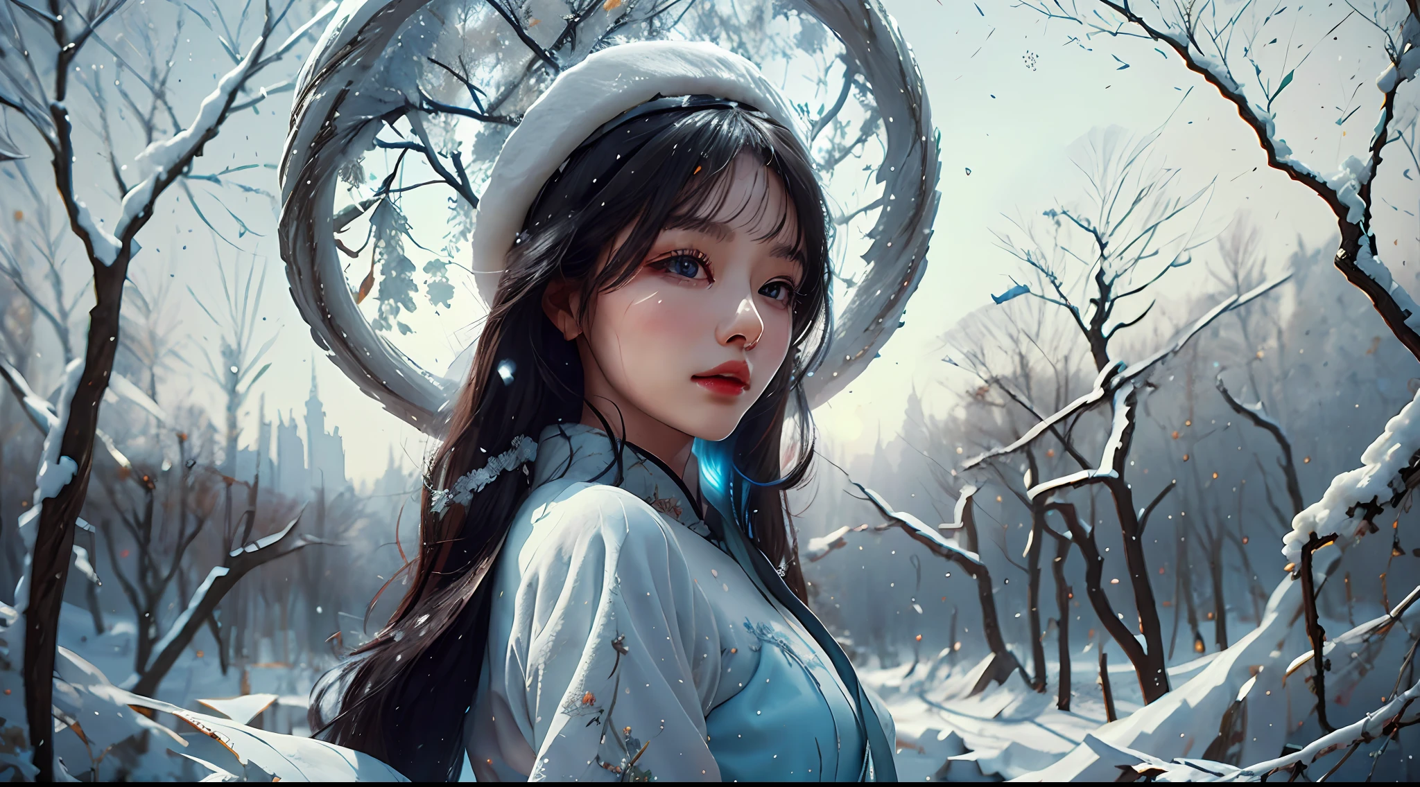 A woman dressed in traditional Chinese dress stands in the snow，A tree in the background，Snowflakes fell on her，Chen Yifei，Snow，a photorealistic painting，artsy photography，超高分辨率，Photorealistic，Masterpiece，Sharp lines，vivd colour，Beautiful eyes，Detailed face。