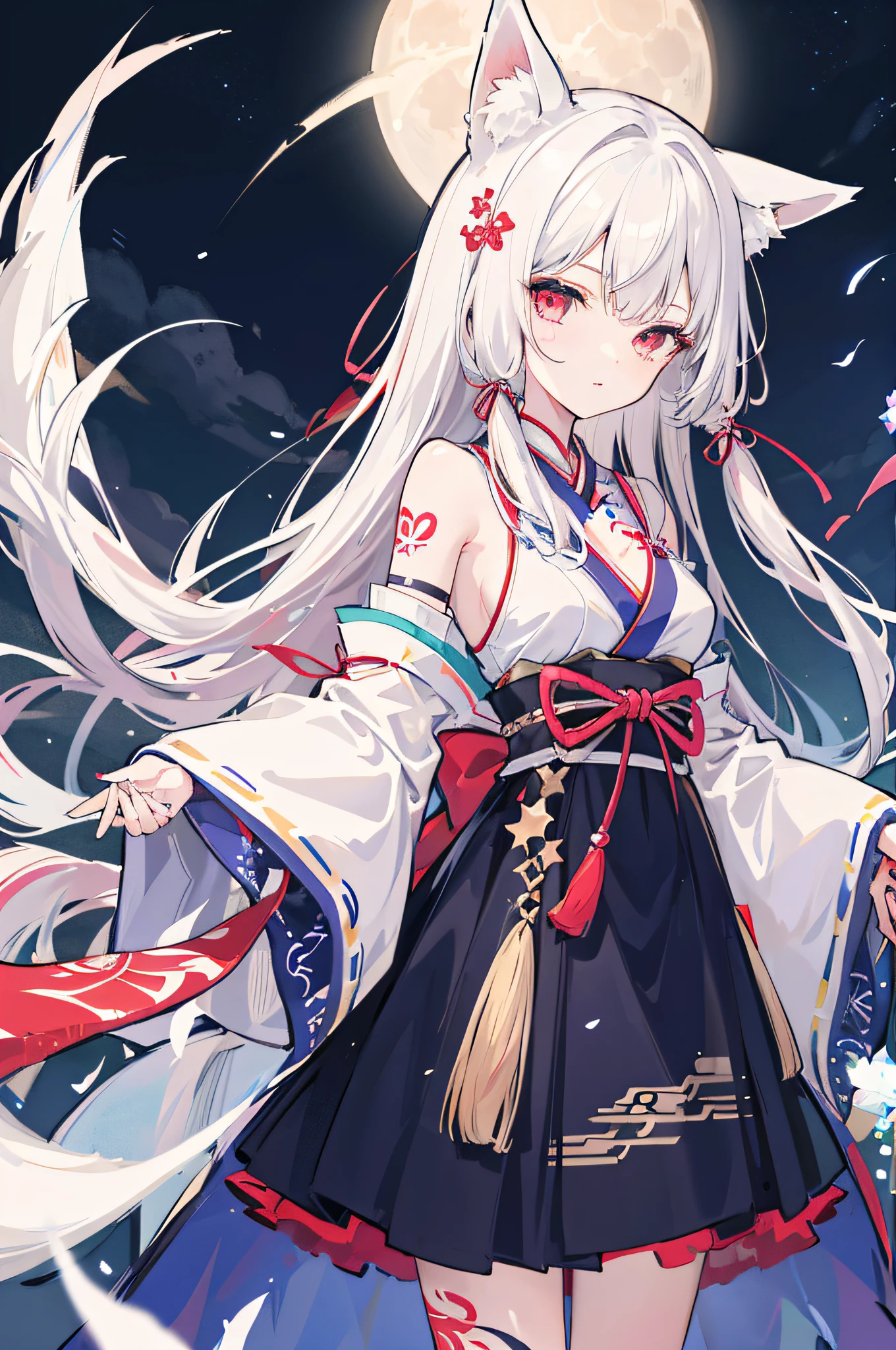 1girl, moon, bird, star_\(sky\), long_hair, starry_sky, (((white_hair))), animal, wide_sleeves, night, flower, night_sky, holding, very_long_hair, full_moon, looking_at_viewer, ribbon_trim, ribbon-trimmed_sleeves, long_sleeves, skirt, red_eyes, solo, japanese_clothes, sky,((medium breasts)), (((Pornographic tattoo))),fox ears, fox tail, fox girl,