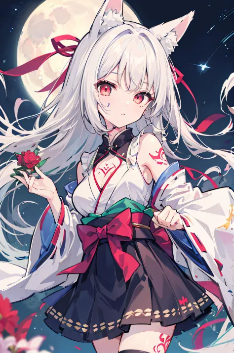 1girl, moon, bird, star_\(sky\), long_hair, starry_sky, (((white_hair))), animal, wide_sleeves, night, flower, night_sky, holdin...