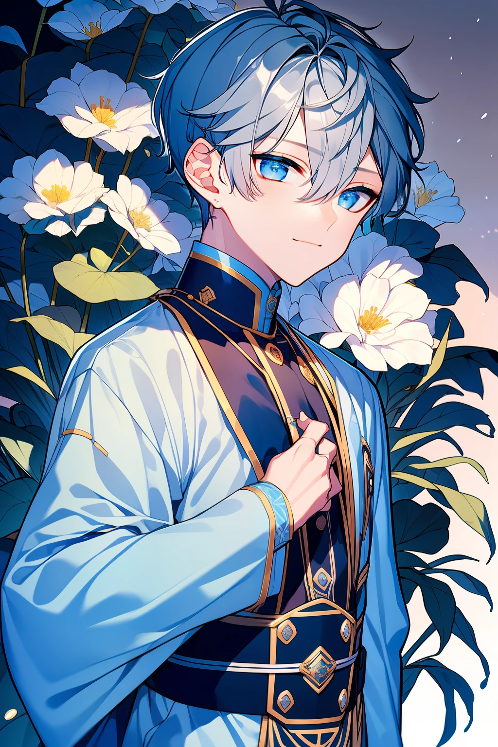 (high-quality, breathtaking),(expressive eyes, perfect face), 1boy, male, solo, short, young boy, short grey hair, blue eyes, sena izumi