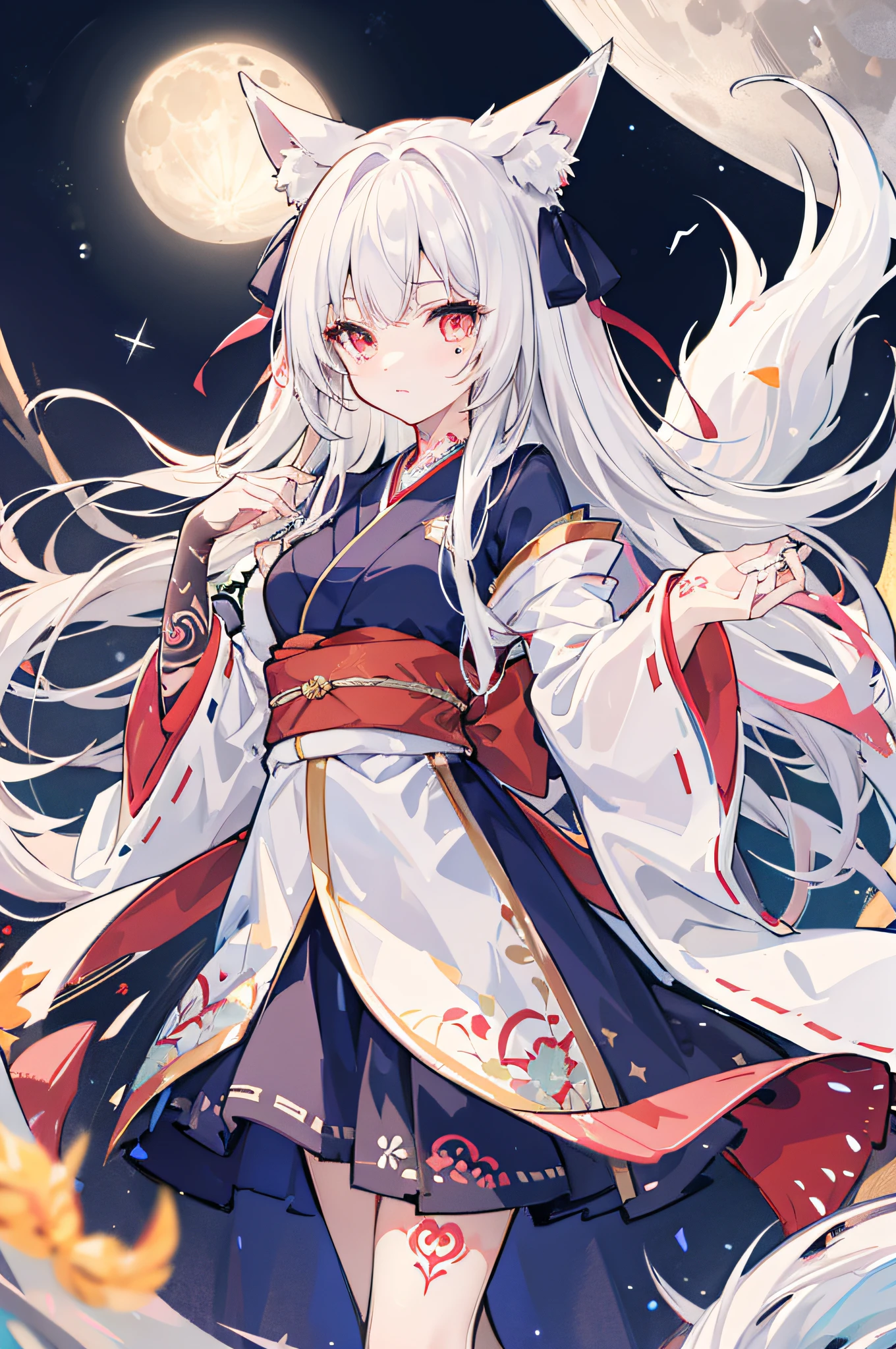 1girl, moon, bird, star_\(sky\), long_hair, starry_sky, (((white_hair))), animal, wide_sleeves, night, flower, night_sky, holding, very_long_hair, full_moon, looking_at_viewer, ribbon_trim, ribbon-trimmed_sleeves, long_sleeves, skirt, red_eyes, solo, japanese_clothes, sky,((medium breasts)), (((Pornographic tattoo))),fox ears, fox tail, fox girl,