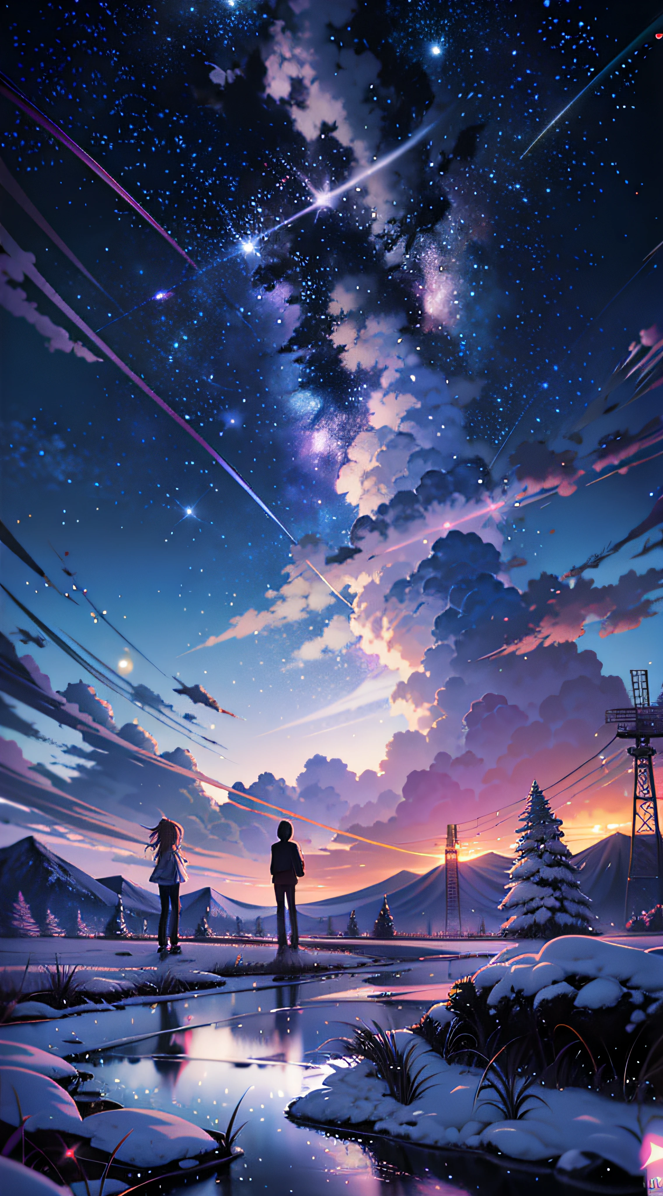 anime scenery of two people standing on a rock looking at the sky, cosmic skies. by makoto shinkai, makoto shinkai cyril rolando, beautiful anime scene, anime sky, anime art wallpaper 4 k, anime art wallpaper 4k, anime art wallpaper 8 k, anime beautiful peace scene, in style of makoto shinkai, 4k anime wallpaper