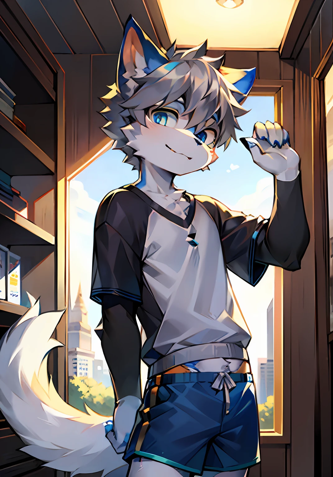 bright eyes, panorama, character focus solo, furry, furry male cat, male yellow-white fur, blue eyes, gray hair (long), wearing blue shorts and shorts, casual clothing, young style, height one meter seven, handsome, has a tail,