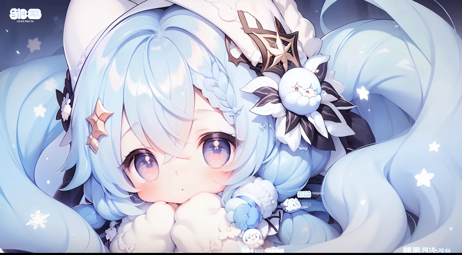 1girll， 独奏， Yuki Miku， long whitr hair， double tails， （blue  hair：1.2）， （whaite hair：1.1）， lightblue hair， （（gradient_hair）））， eBlue eyes， snowflake_print， snowflake_hair_ornament， Separate the sleeves， Fluffy sleeves，musical note hair ornament， frilld， a blue dress， White panty hose， japanses clothes，