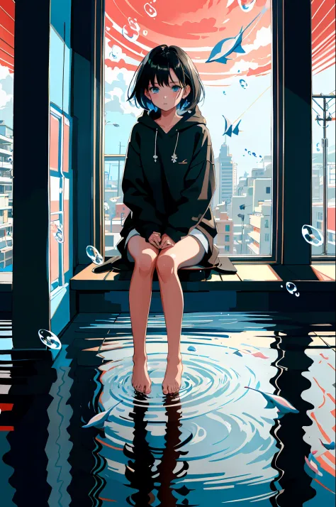 lineart, 
1girl, solo, short hair, black hair, long sleeves, sitting, barefoot, indoors, hood, bare legs, phone, table, knees up...