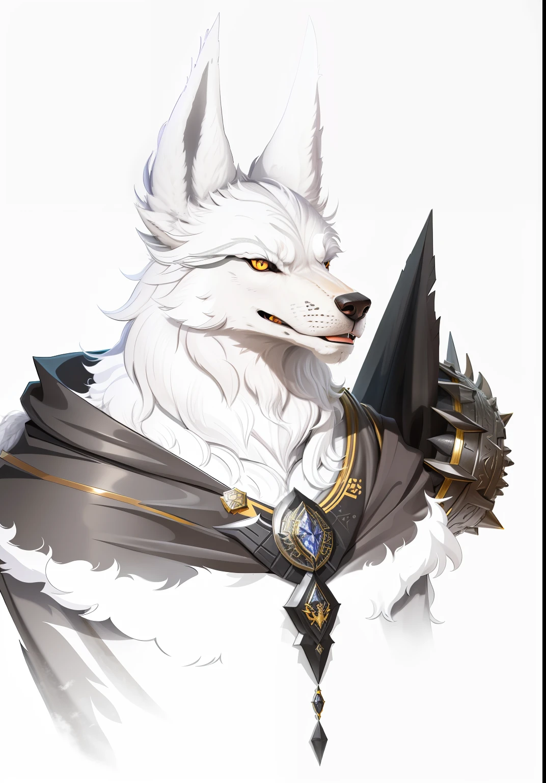 Werewolf in a cloak,anthro wolf face, professional furry drawing, White hair，Black cape，Black and gold，furry character portrait,an anthro wolf,  wearing intricate fur armor, Armour，egyption，Anubis，Thick coating，CG，magia，Metal animal motif，Large metal beast head and shoulders armor，Metal edges，Textured，Pattern，Pedras preciosas，Refinement，Fine painting，Refinement，8K，infinite details