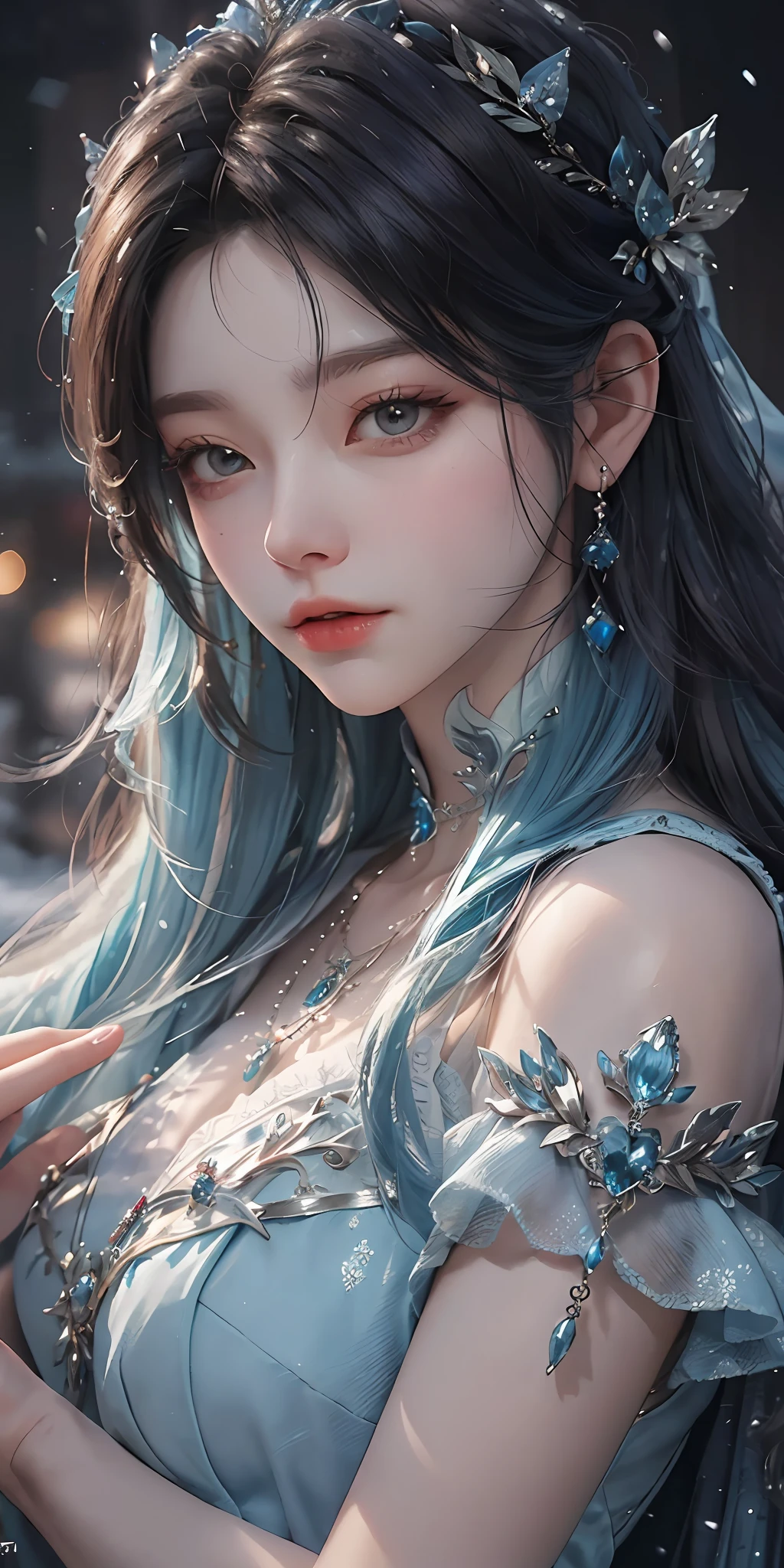 There was a woman in a blue dress，Wearing a necklace, ((a beautiful fantasy empress)), inspired by Sim Sa-jeong, Azure. detailed hairs, winter princess, Ice Princess, Guviz-style artwork, 8K)), fantasy aesthetic!, Guviz, Ice Queen, 8K high-quality detailed art
