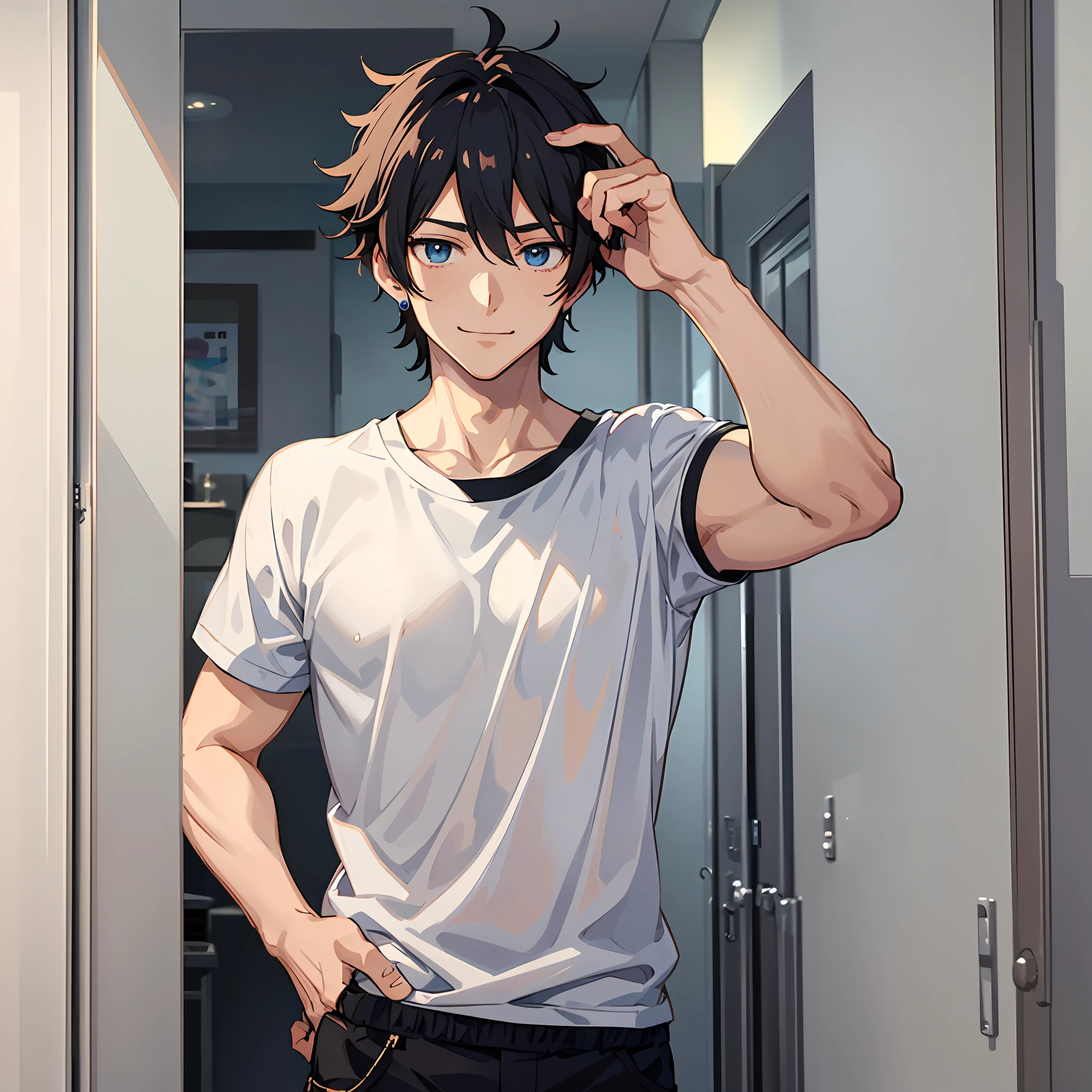 Anime guy with blue eyes and a white shirt standing in a hallway - SeaArt AI