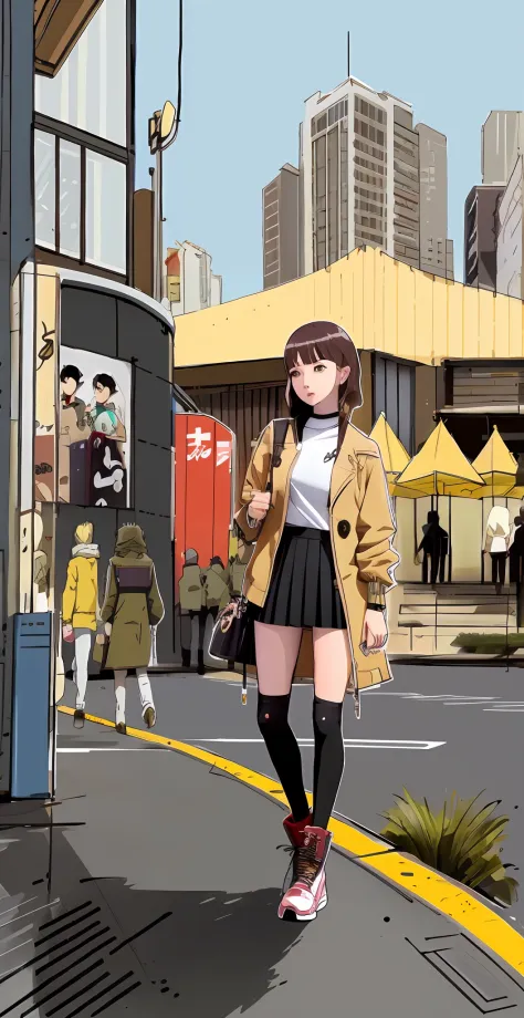 anime girl in a short skirt and jacket walking down a street, urban girl fanart, tokyo anime anime scene, modern anime style, st...