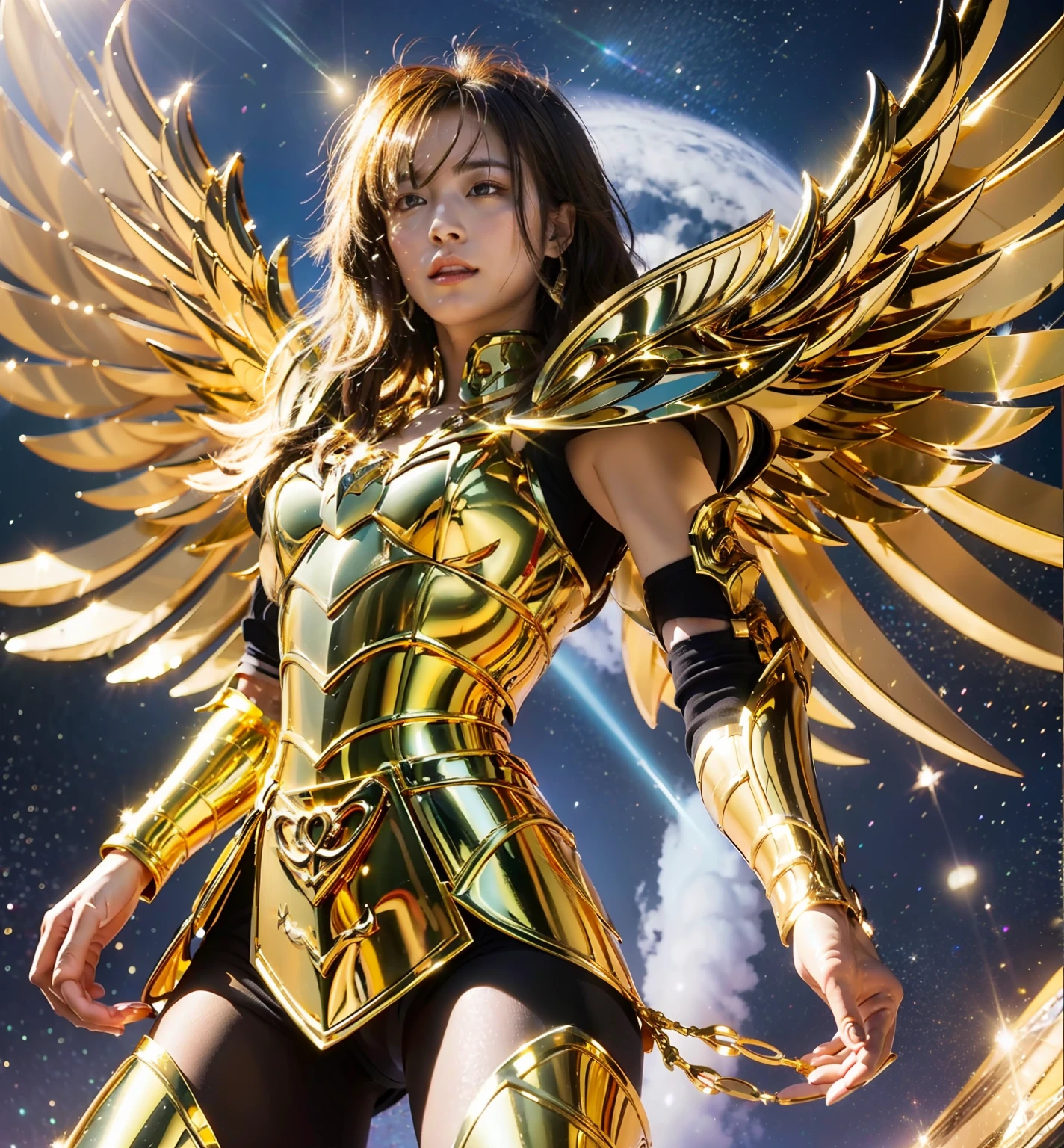 Ultra-high saturation（tmasterpiece）， fully body photo，（best qualtiy）， （1girll），super wide shot， sface focus，  Wearing shiny gold armor， Sexy lingerie type armor，Expose your chest，Expose the waistline，Exposing thighs，cool-pose， Saint Seiya Armor， messy  hair，high detal, Anime style, Cinematic lighting, The armor is shining gold, god light, Ray traching, filmgrain, hyper HD, textureskin, super detailing, Anatomical correct, A high resolution，Ultra-high saturation，hight contrast，High-gloss armor，Smooth skin，Grim expression，Huge golden wings behind him，The golden armor spreads its wings