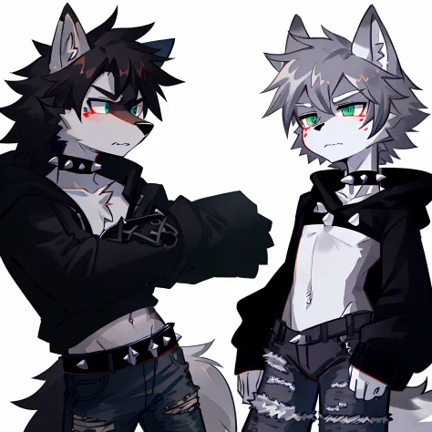 Cute Wolf,With Spikes Choker,Plain Black Sweatshirt,Ripped Jeans,Leather Boots,With Moody Expression