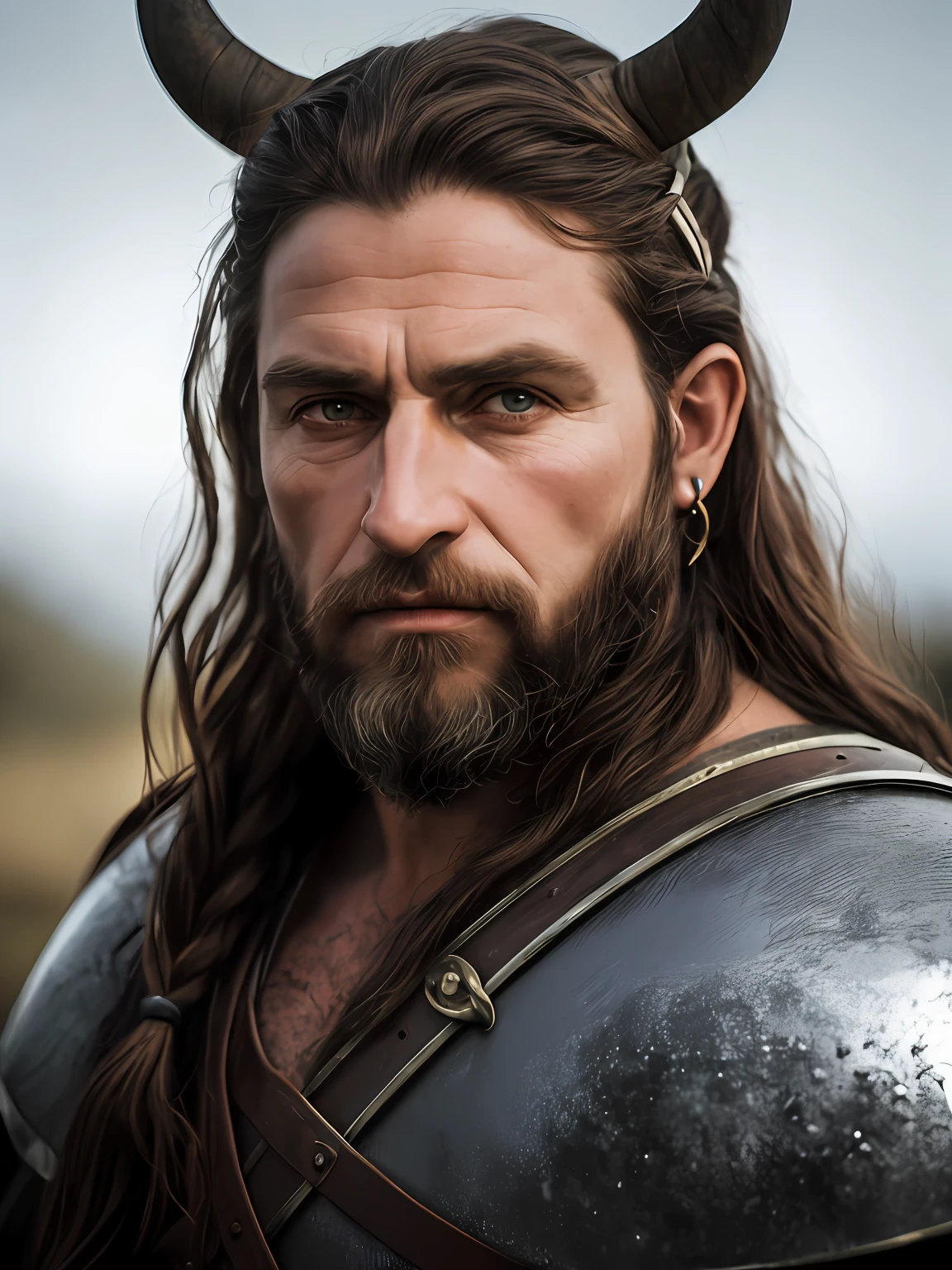 (high qualiy: 1.3), Cinematographic shot, Masterpiece artwork, (sharp focus: 1.5), (photorrealistic: 1.3), CLOSE-UP FACE, Medium portrait of (a tired-looking old Viking warrior, but still proud and fierce, now the leader of his village , dressed in elaborately detailed chainmail and leather armor, some torches burn on the walls, giving the scene a somber atmosphere, but sculpting the shapes in crisp chiaroscuro), it is night time, (highly detailed skin), (face detailed), detailed back ground, dark ilumination, twilight lighting, volumeric lighting, complexdetails, uhd,