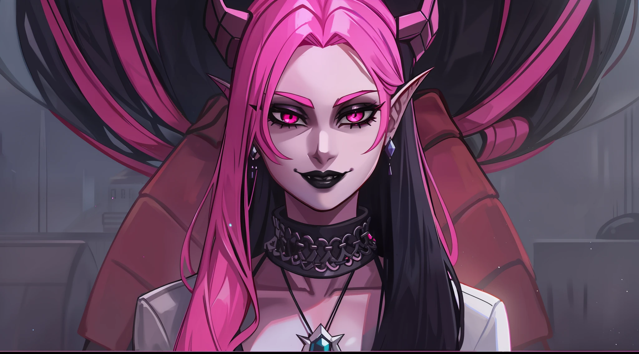 Giant goth girl with black lips, towering at 8 meters tall, gazes down at the tiny viewer in modern clothes. A young woman of 20 years old, she exudes confidence with a sly smile. She possesses a unique charm as a pink-skinned succubi.