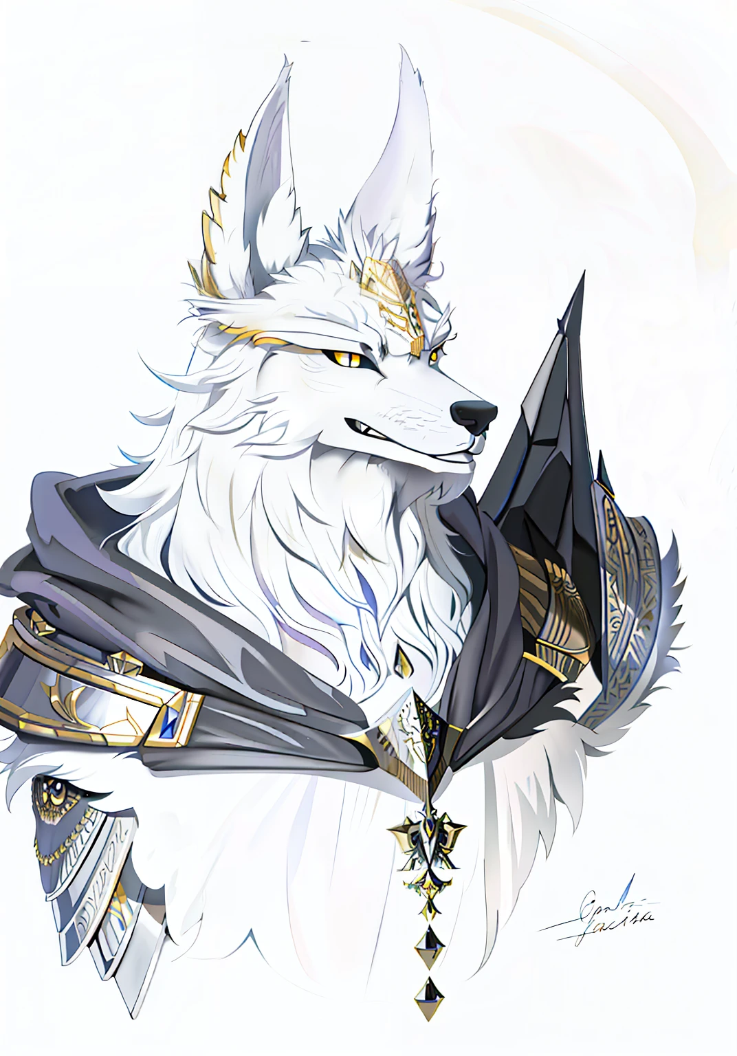 Werewolf in a cloak,anthro wolf face, professional furry drawing, White hair，Black cape，Black and gold，Portrait of a furry character in intricate armor, Armour，egyption，Anubis，Thick coating，Light，shadowing，stereograms，CG，magia，Metal animal motif，Large metal beast head and shoulders armor，Metal edges，Textured，Geometric metal edges，Pedras preciosas，Refinement，Fine painting，Refinement，8K，infinite details