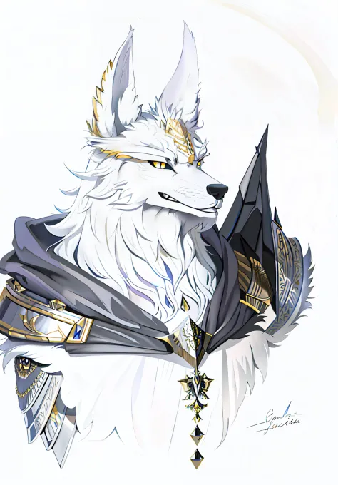 Werewolf in a cloak,anthro wolf face, professional furry drawing, White hair，Black cape，Black and gold，Portrait of a furry chara...