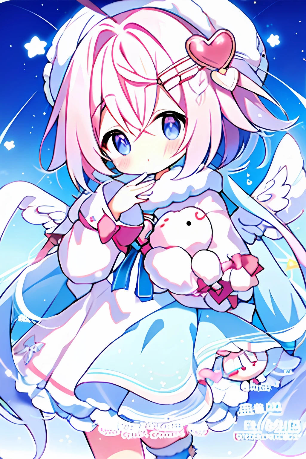 Anime girl with angel wings and heart in her hand, anime visual of a cute girl, Cute anime girl, Anime moe art style, small curvaceous loli, of an beautiful angel girl, angel girl, angelic purity, High quality anime art style, Cute anime, ahegao, Cute anime style, small loli girl, Angelic, Splash art anime Loli, Loli